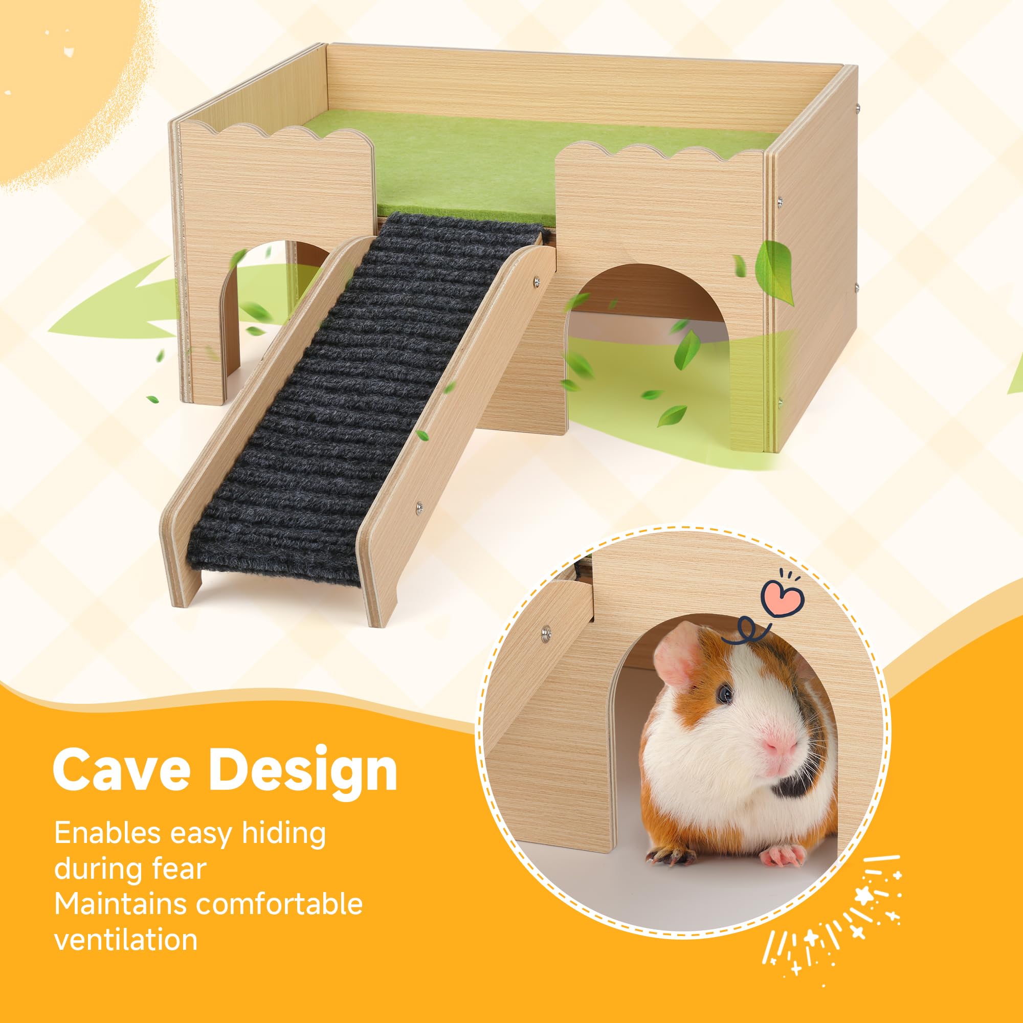 Wooden Guinea Pig Hideout Castle With Stairs,Small Animal Bed Hut Habitats Spacious 2-Level Detachable Small Pet House For Rabbi