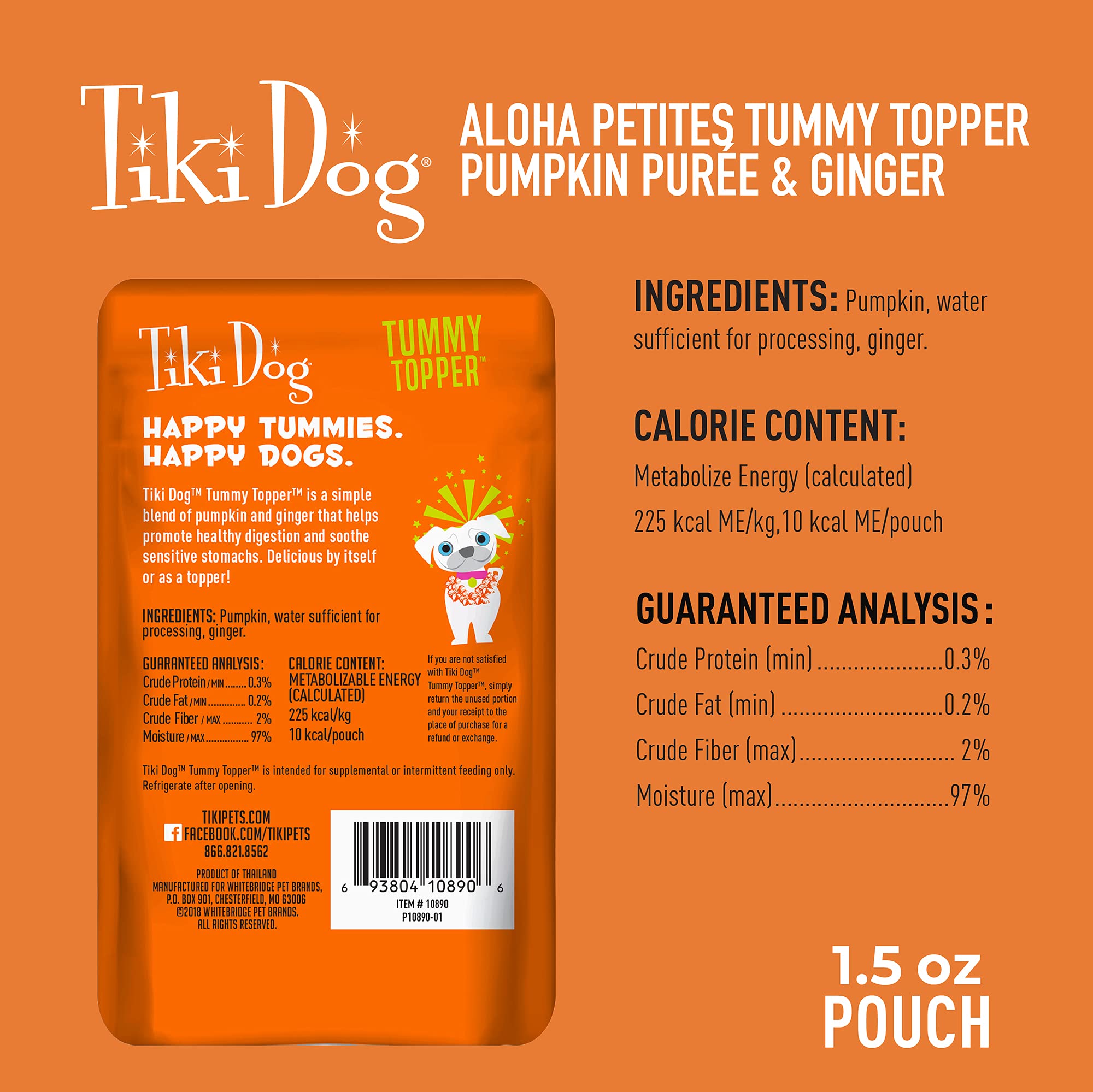Tiki Dog Single-Serve Tummy Topper, Grain-Free Pumpkin Pur  e with Ginger for Sensitive Stomachs, 1.5oz Pouches (Pack of 12)