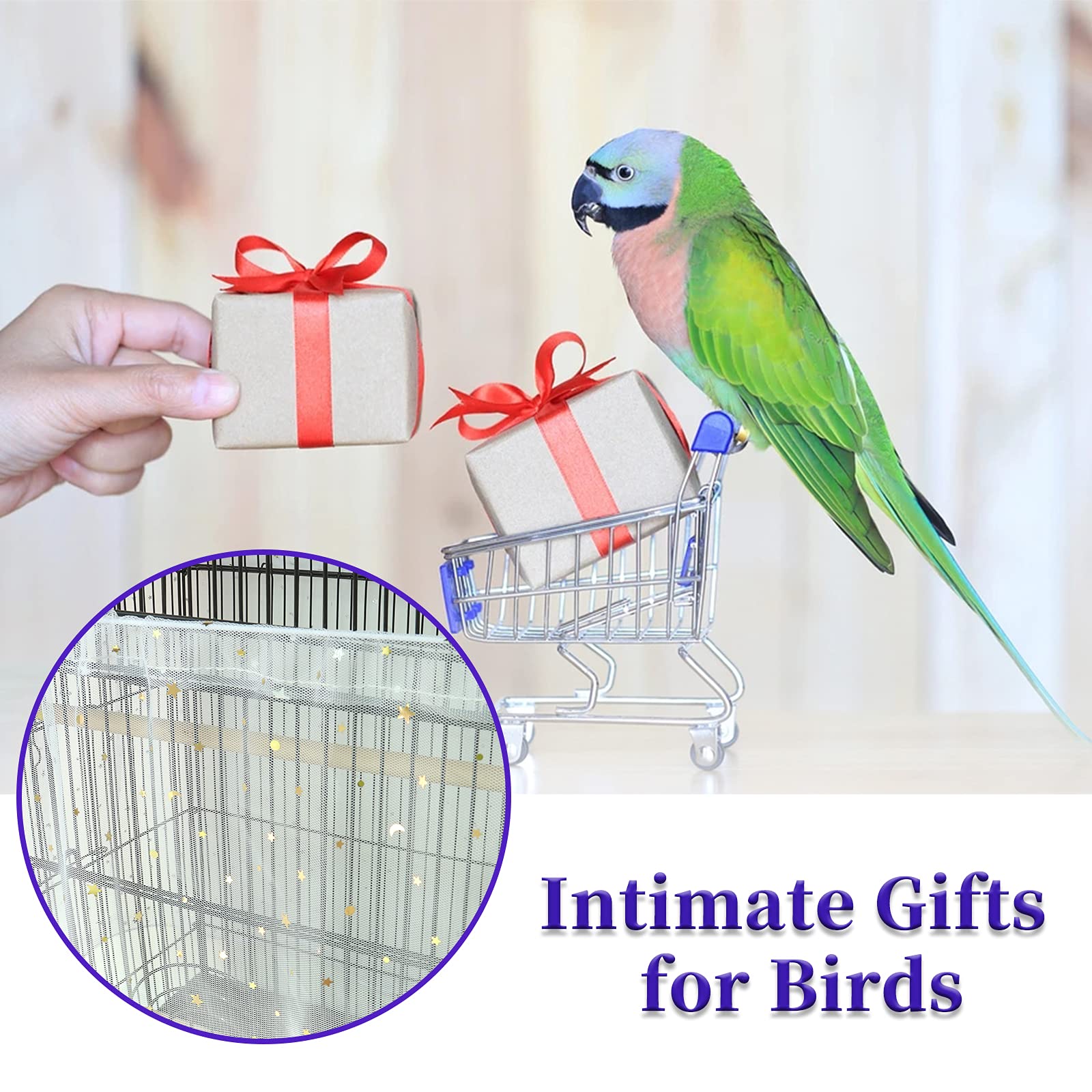 Daoeny Large Bird Cage Cover, Bird Cage Seed Catcher, Adjustable Soft Nylon Mesh Net With Twinkle Moon Star, Birdcage Cover Skirt Seed Guard For Parrot Parakeet Macaw Round Square Cages (White)