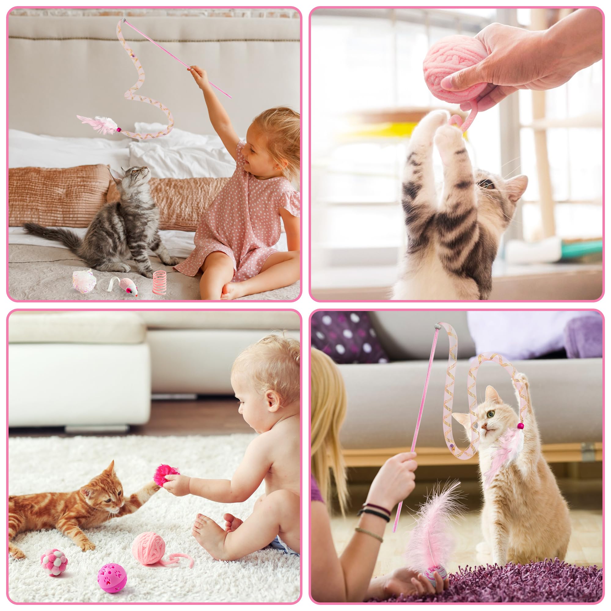Mallmall6 10Pcs Cat Toy Set Interactive Cat Toys Pack Including Feather Teaser Wand Cat Springs Mice Crinkle Balls And Pet Bell Balls, Puzzle Toys For Indoor Cats Gift (Pink)