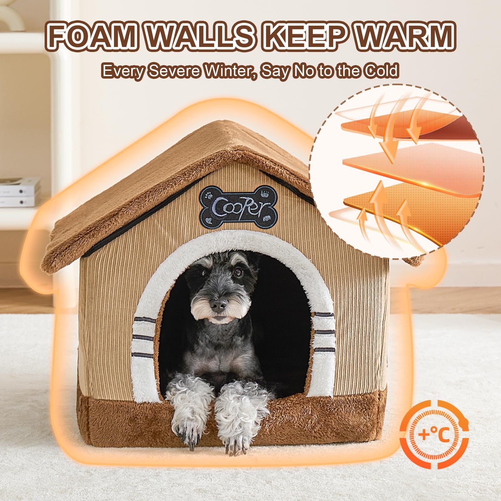 Jiupety Indoor Dog House With Frame, Large Dog Cave Bed, Insulated Cozy, Suitable For 15-30 Lb, Large (20''  18''  18''), Brown