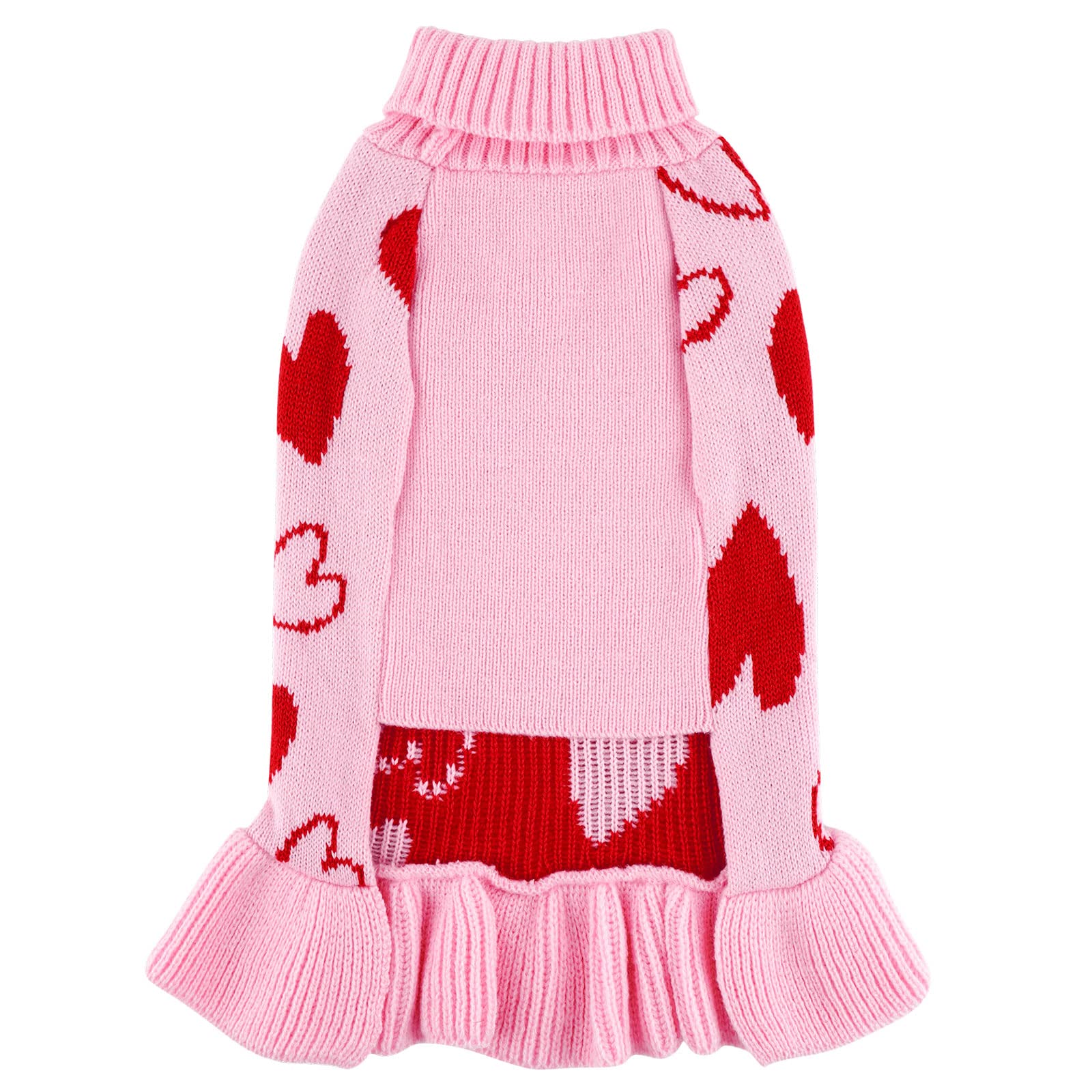 Cyeollo Valentines Day Dog Sweater Dress Dog Clothes Pullover Turtleneck With Leash Hole Heart Pattern Holiday Theme Female Pet Apparel For Small Dogs