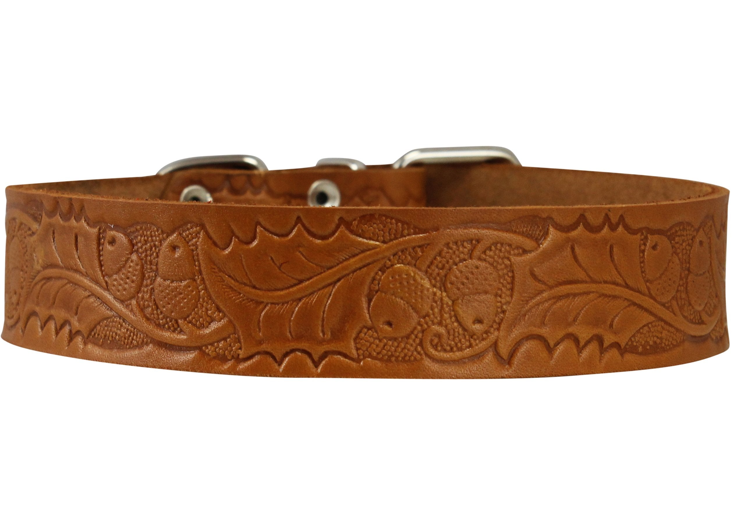 Genuine Tooled Leather Dog Collar Floral Pattern Tan 3 Sizes (Neck Circumf: 13'-17'; 1.2' Wide)