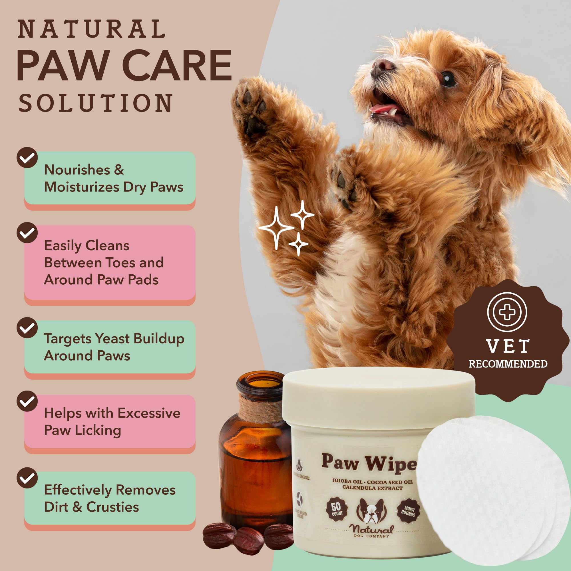 Natural Dog Paw Wipes -50 Ct- Organic, Vegan Pet Paw Wipes For Dogs, Eco-Friendly Dog Paw Wipes For Dogs, Ideal For Removing Dirt, Allergens & Moisturizes Dry Cracked Paws, Coconut Oil & Cocoa Butter