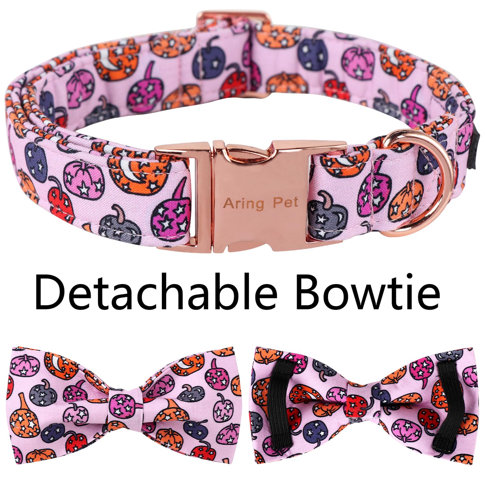 Aring Pet Halloween Dog Collar-Cute Pink Pumpkin Dog Collar With Bow, Cotton Halloween Pumpkin Lamp Dog Collar Bowtie With Metal Buckle