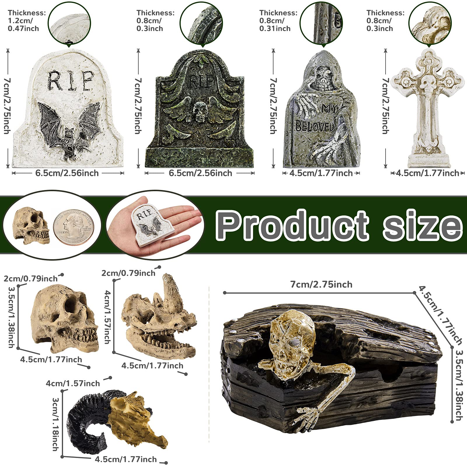 Yookeer Halloween Fish Tank Decor Halloween Aquarium Decor Terrarium Aquarium Skull Miniatures Resin for Village Collections Set