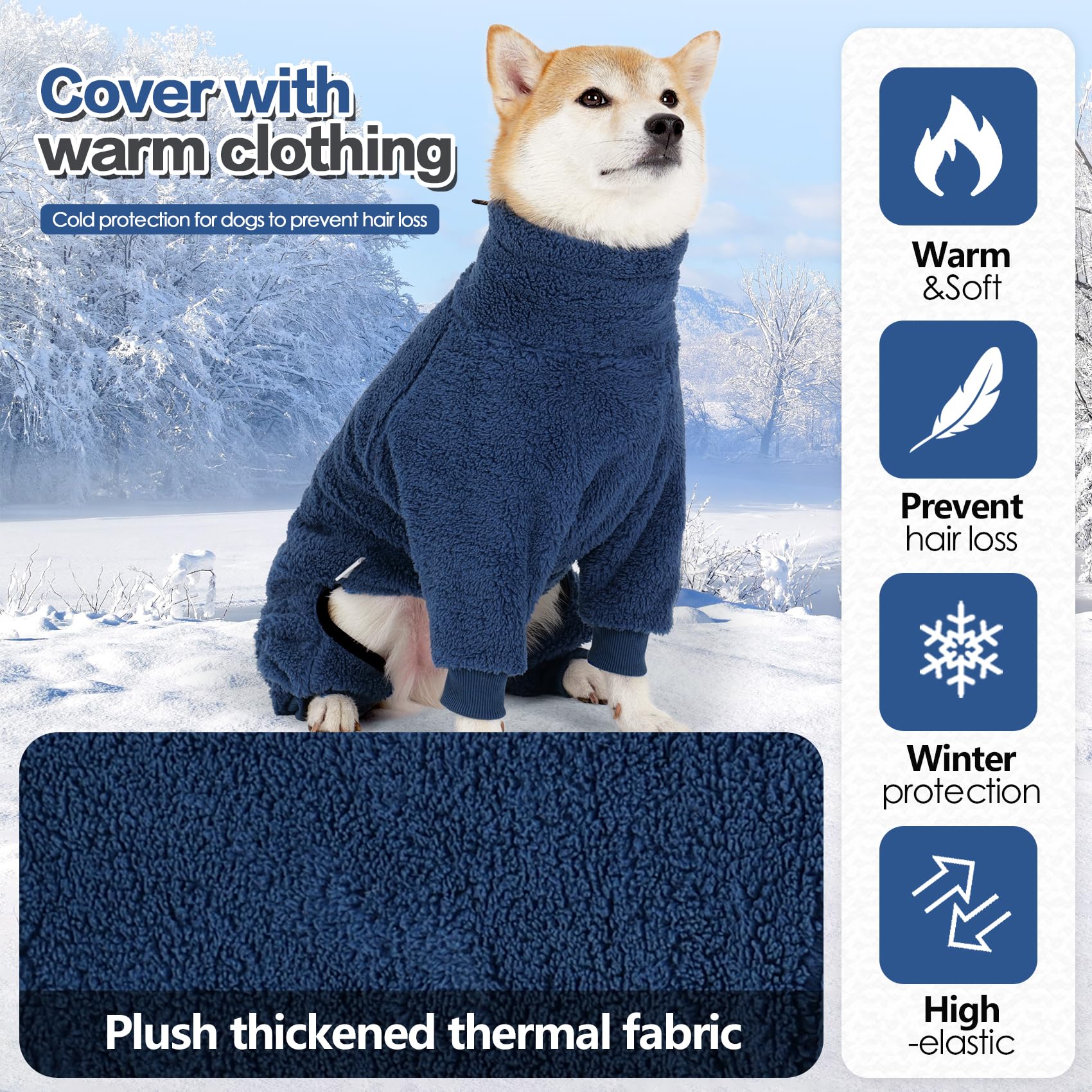 Pinellia Warm Fleece Dog Jacket, Windproof Pullover Jumpsuit, Cold Weather Pajamas For Medium-Large Dogs (Large, Navy Blue)