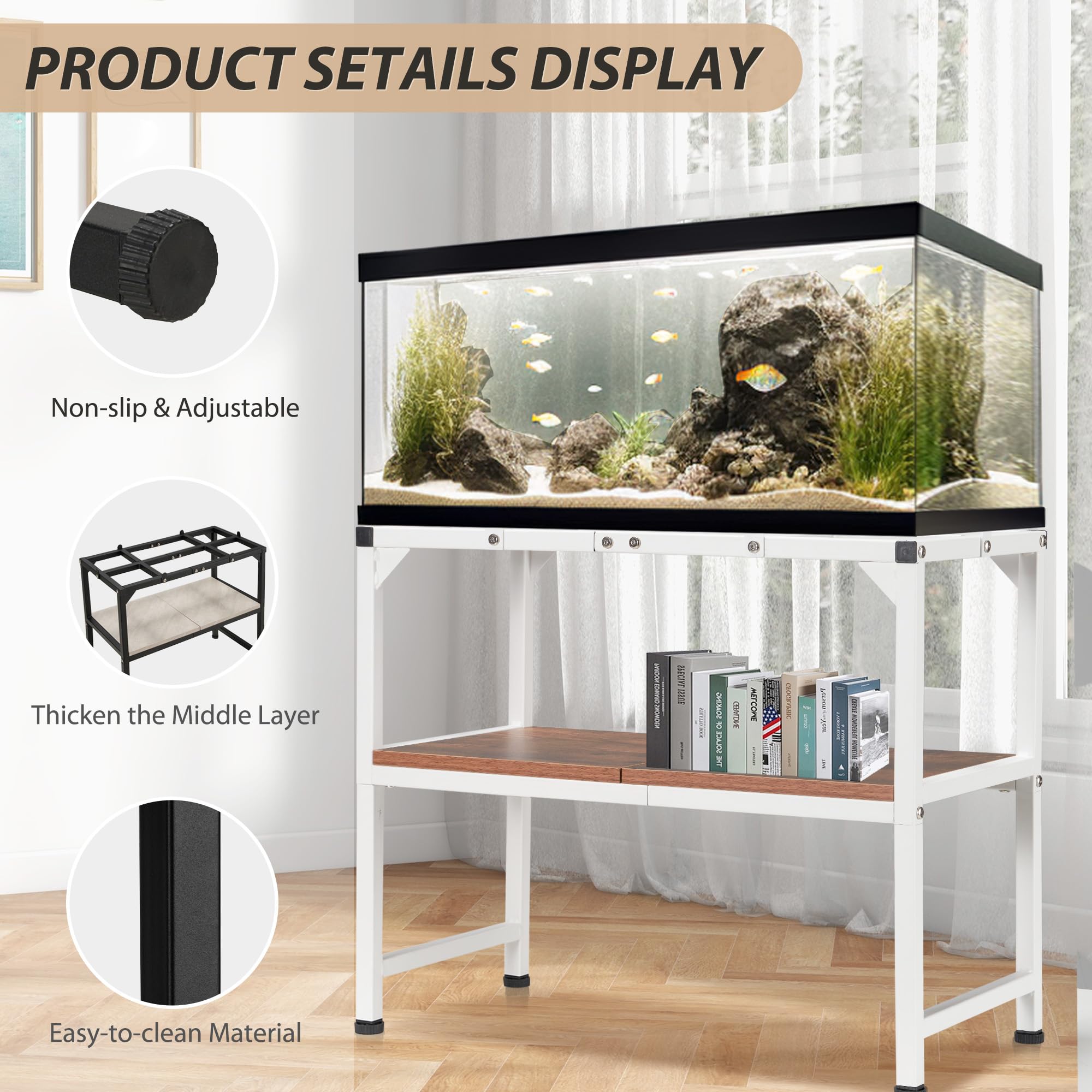 Azaeahom 10-20 Gallon Fish Tank Stand, Metal Aquarium Stand with Adjustable Non-Slip Foot and Wooden Shelf, Reptile Tank Stand E