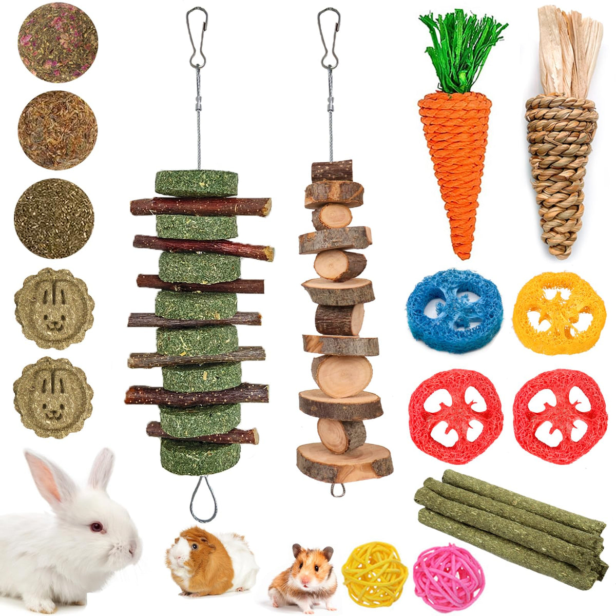 Grddaef 20 Pcs Bunny Chew Toys For Teeth, Natural Rabbit Toys Apple Wood Grass Timothy Sticks Chew And Treat For Guinea Pigs Hamster Chinchillas