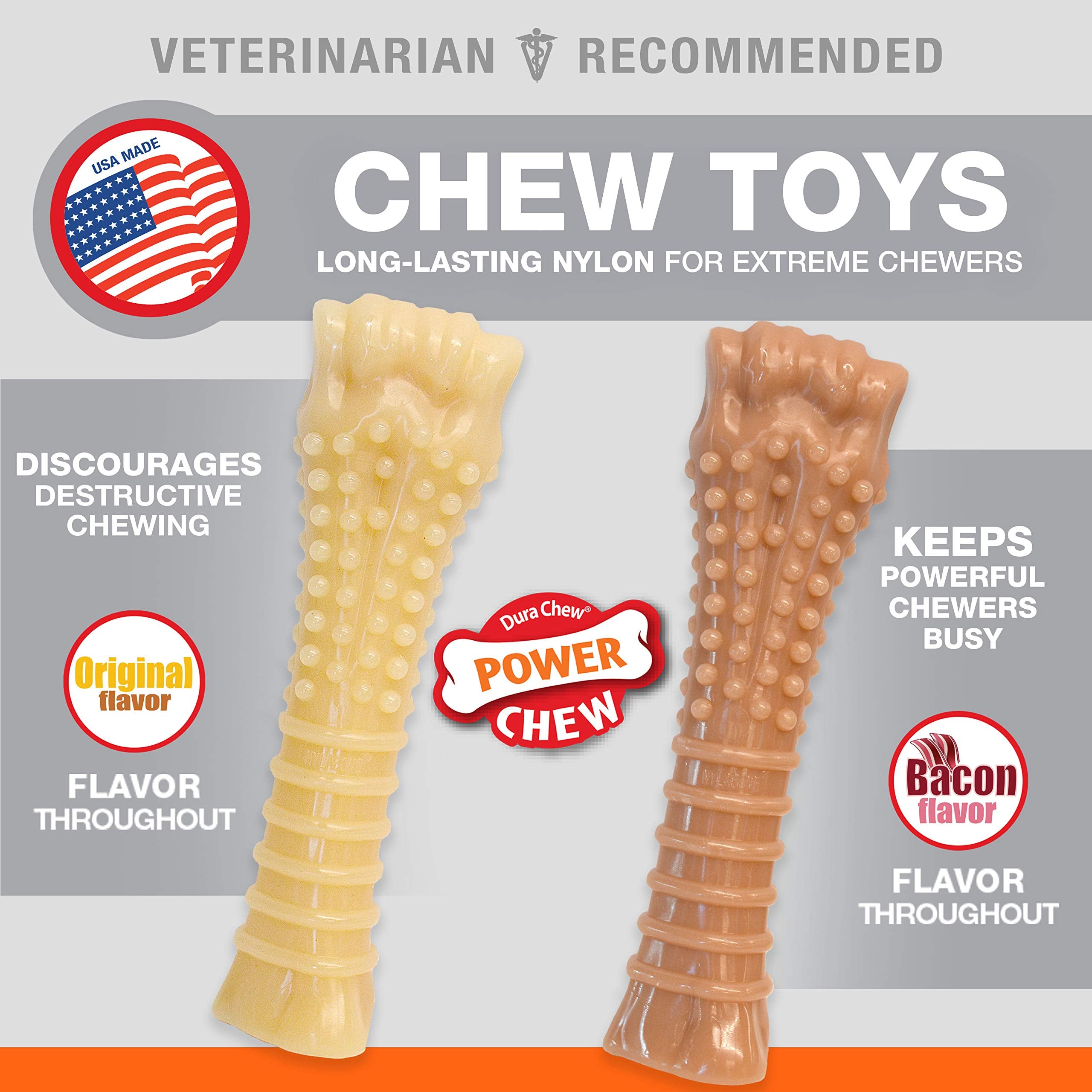 Nylabone Power Chew Dog Chew Toys For Aggressive Chewers Bundle Original And Bacon Flavors X-Large
