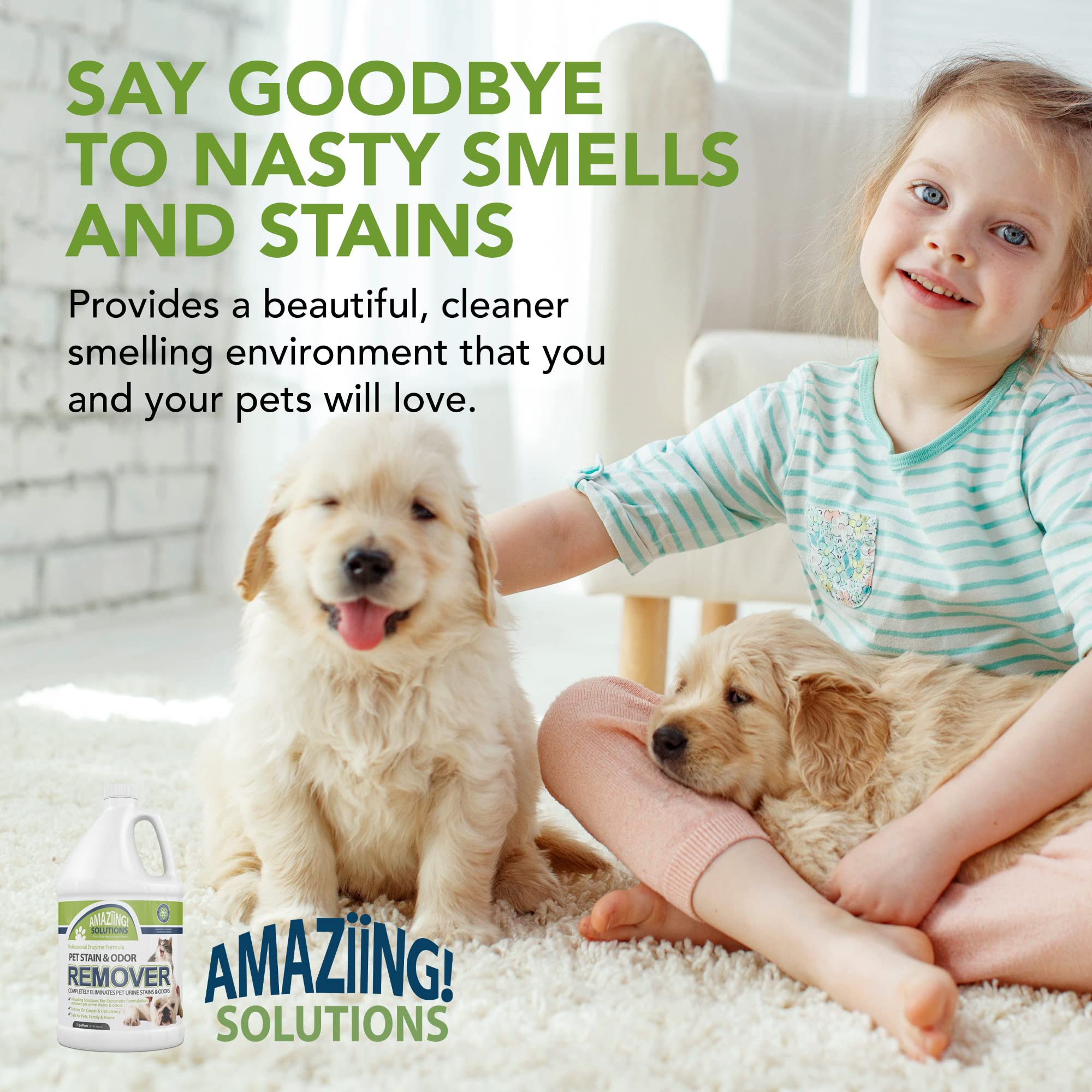 Amaziing Solutions Pet Stain And Odor Remover - Enzyme Cleaner, Pet Urine Odor Eliminator Refill - Floor & Carpet Cleaner, Pet Deodorizers For Home, Fabric Freshener W/Fresh, Clean Scent, 1 Gallon