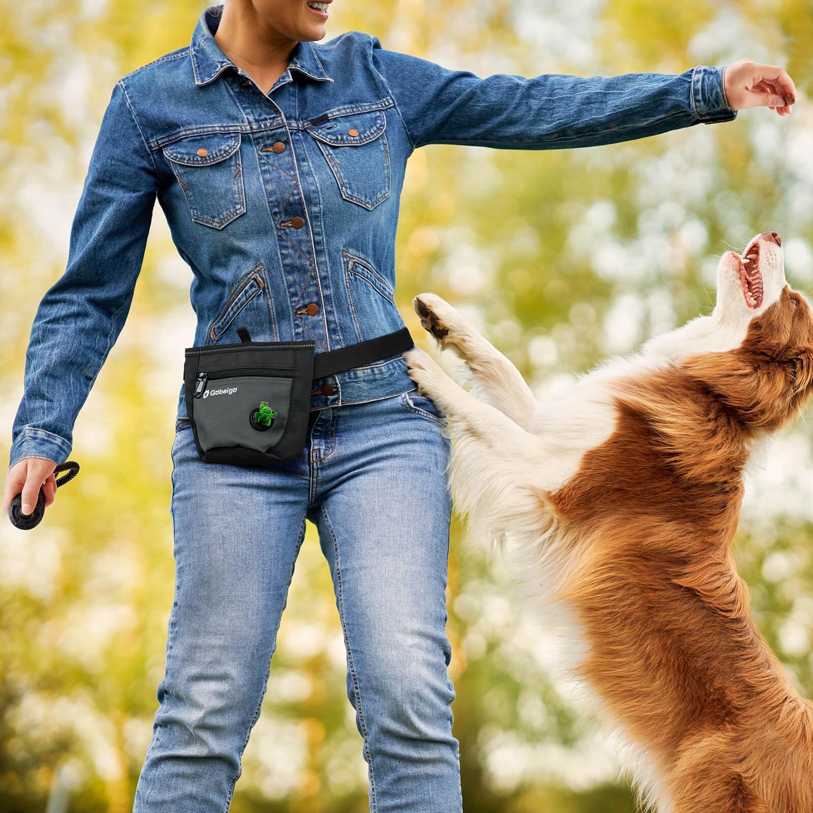 Gobeigo Dog Treat Pouch and Training Clicker, Upgrade Two Magnetic Closure to Prevent Spills, 2 Cup Treat Bag with Poop Bag Disp