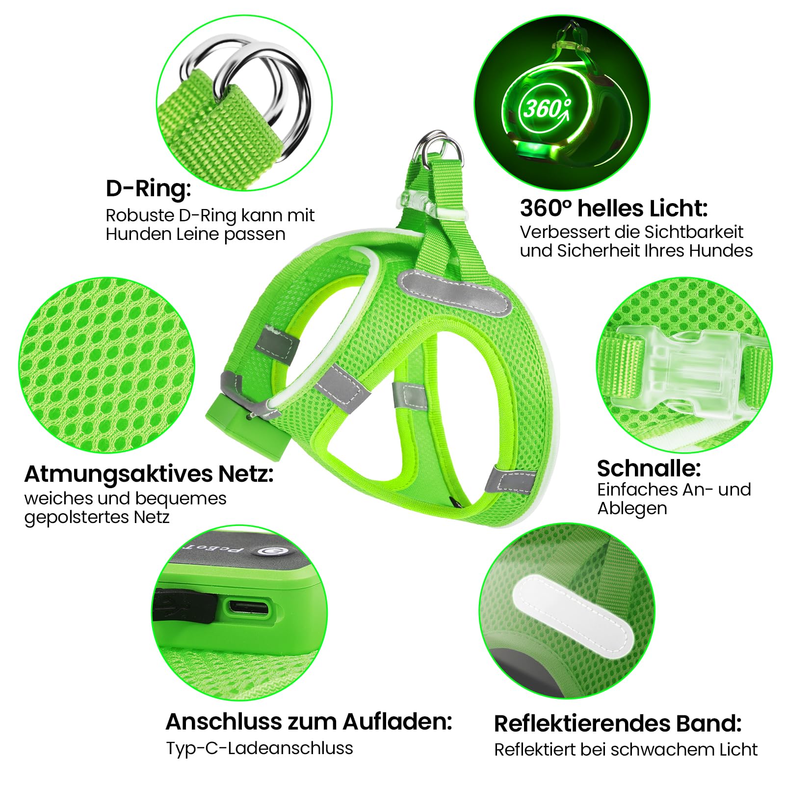 Pceotllar Light Up Dog Harness, Led No Pull Reflective Dog Harness, Flashing Lighted For Night Walking - Small/Medium, (Green M)