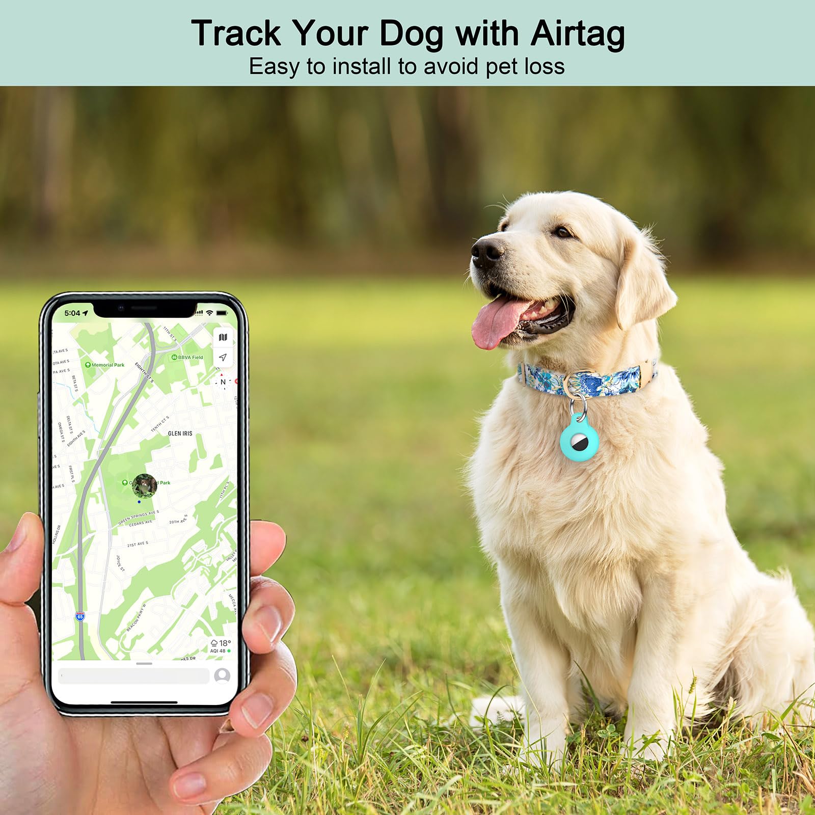 Airtag Dog Collar,Adjustable Dog Collars With Airtag Holder,Cute Puppy Collars With Metal Buckle, Soft Padded Blue Flower Patter