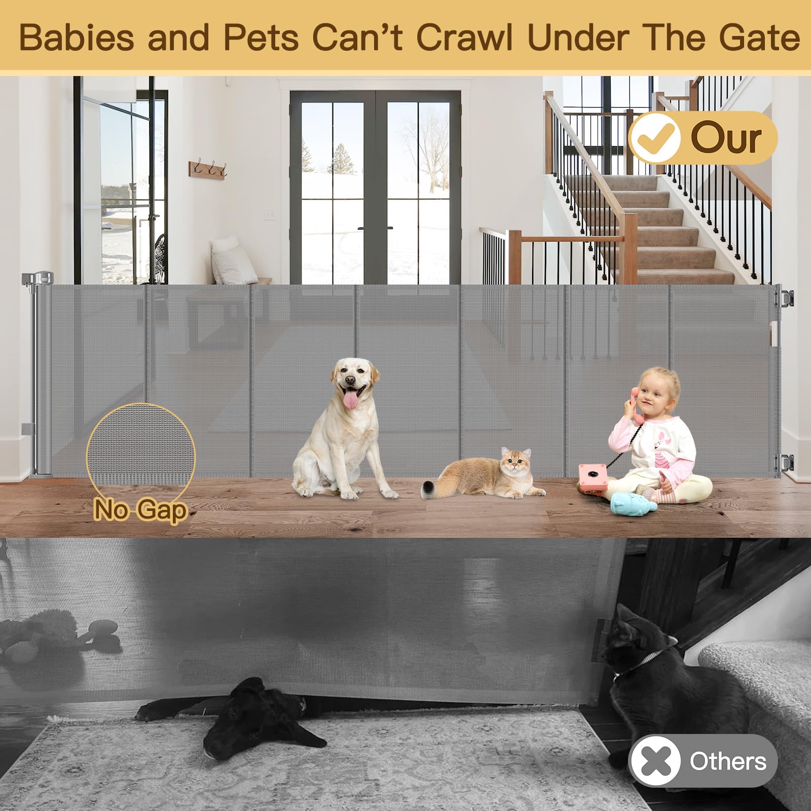 Reinforced 120 Inch Extra Wide Retractable Baby Gate with Support Rods, 33    Tall Retractable Pet Gate for Dogs, Indoor/Outdoor