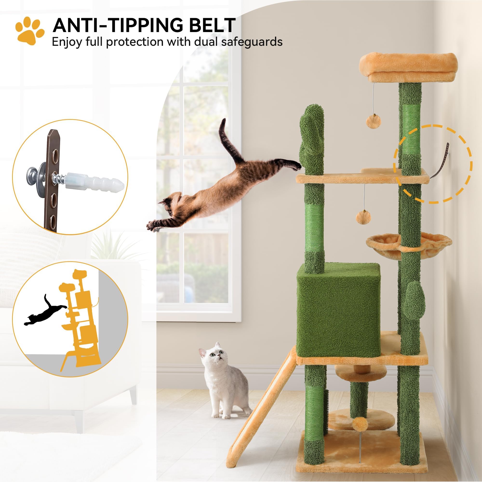 Yitahome Tall Cactus Cat Tree Tower With Self-Grooming Brush, 60In Cute Cat Climbing Tower For Indoor Cats With Cat Condo, Top P