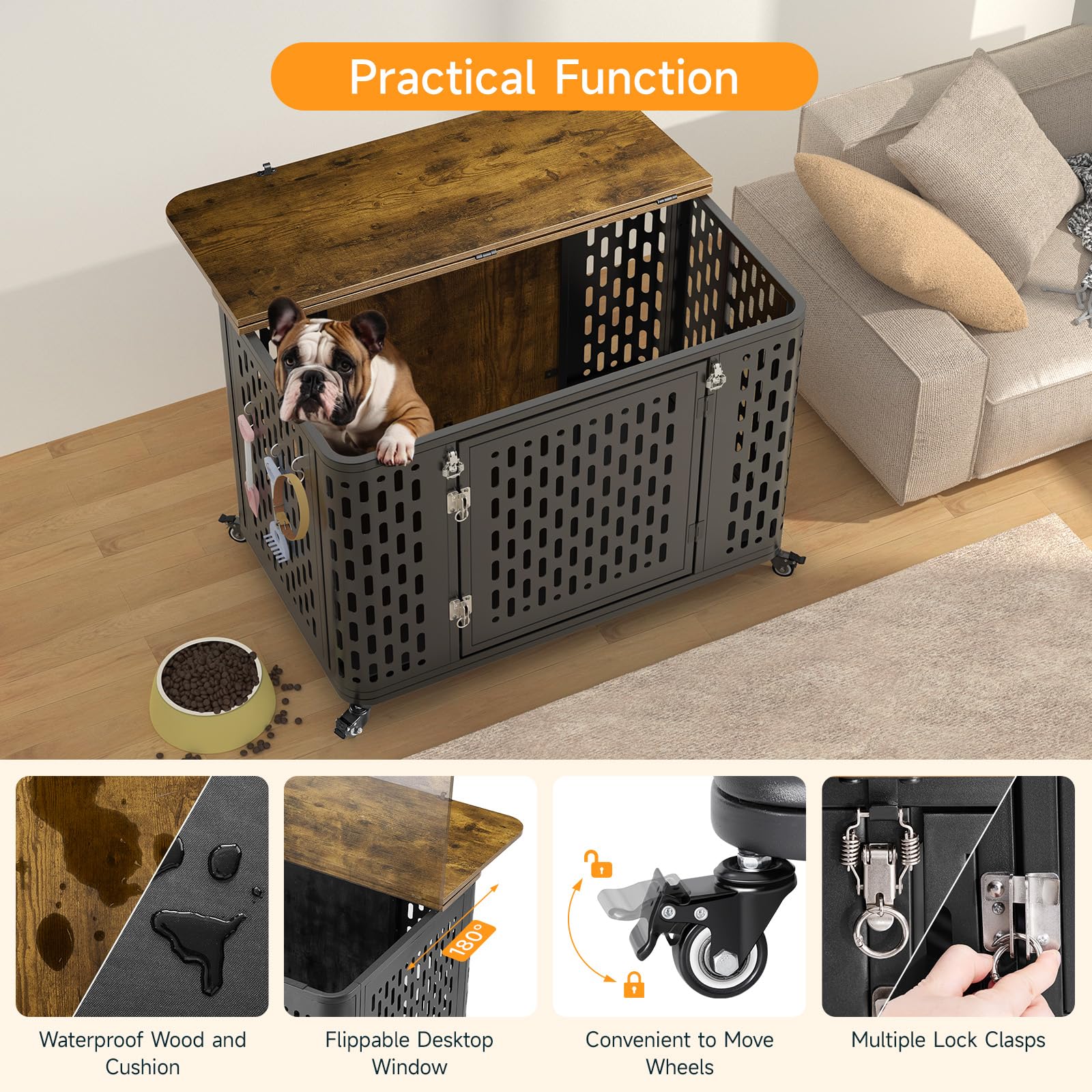 ONBRILL Dog Crate with Cushion, 38  Wood Heavy Duty Dog Crate Furniture with Flip Top & Wheels for High Anxiety Dogs, Escape Pro