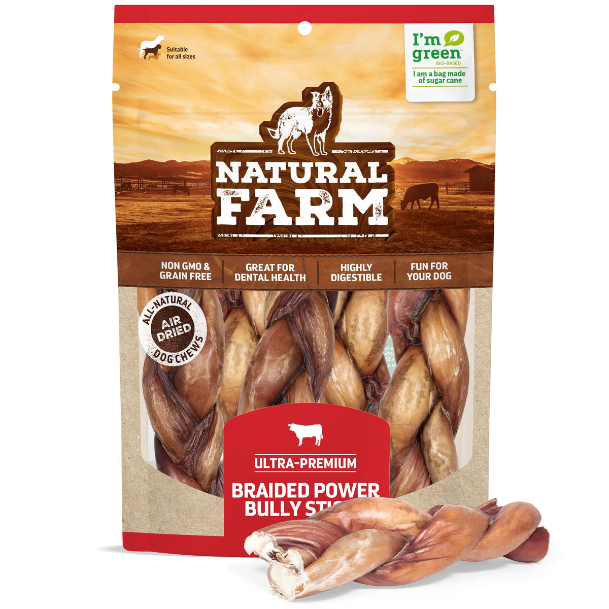 Natural Farm Braided Power Bully Sticks Dog Chews (6”, 5-Pack), 2-In-1 Power Chews: Premium Beef Cheek Wrapped In Beef Pizzle, Braided Together For A Very Long Lasting Chew, Great For Medium Dogs