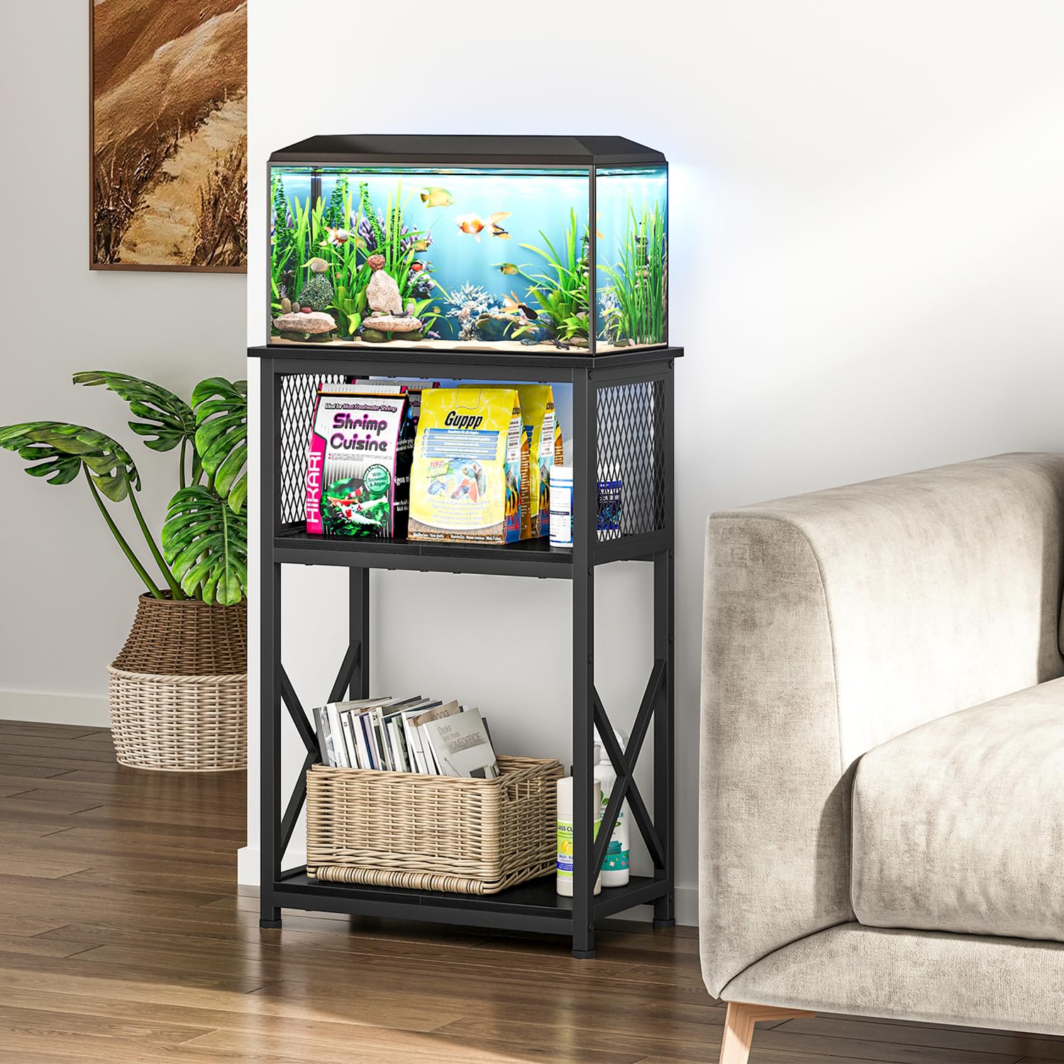 Snughome 10 Gallon Aquarium Stand with Storage, 3 Tier Heavy Metal Fish Tank Stand Shelf 20.47 x 11.42 x 30.91, Black