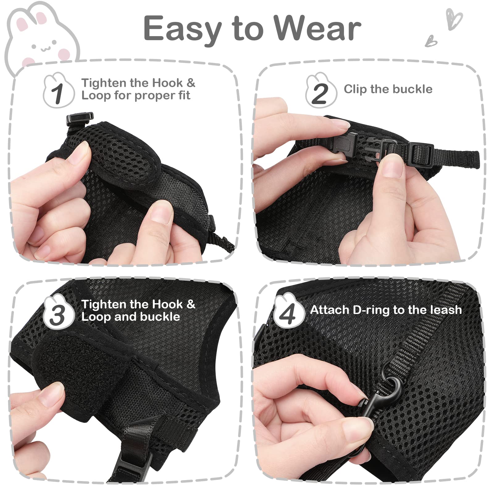 Pettom Bunny Rabbit Harness With Stretchy Leash Cute Adjustable Buckle Breathable Mesh Vest For Kitten Small Pets Walking (L(Che