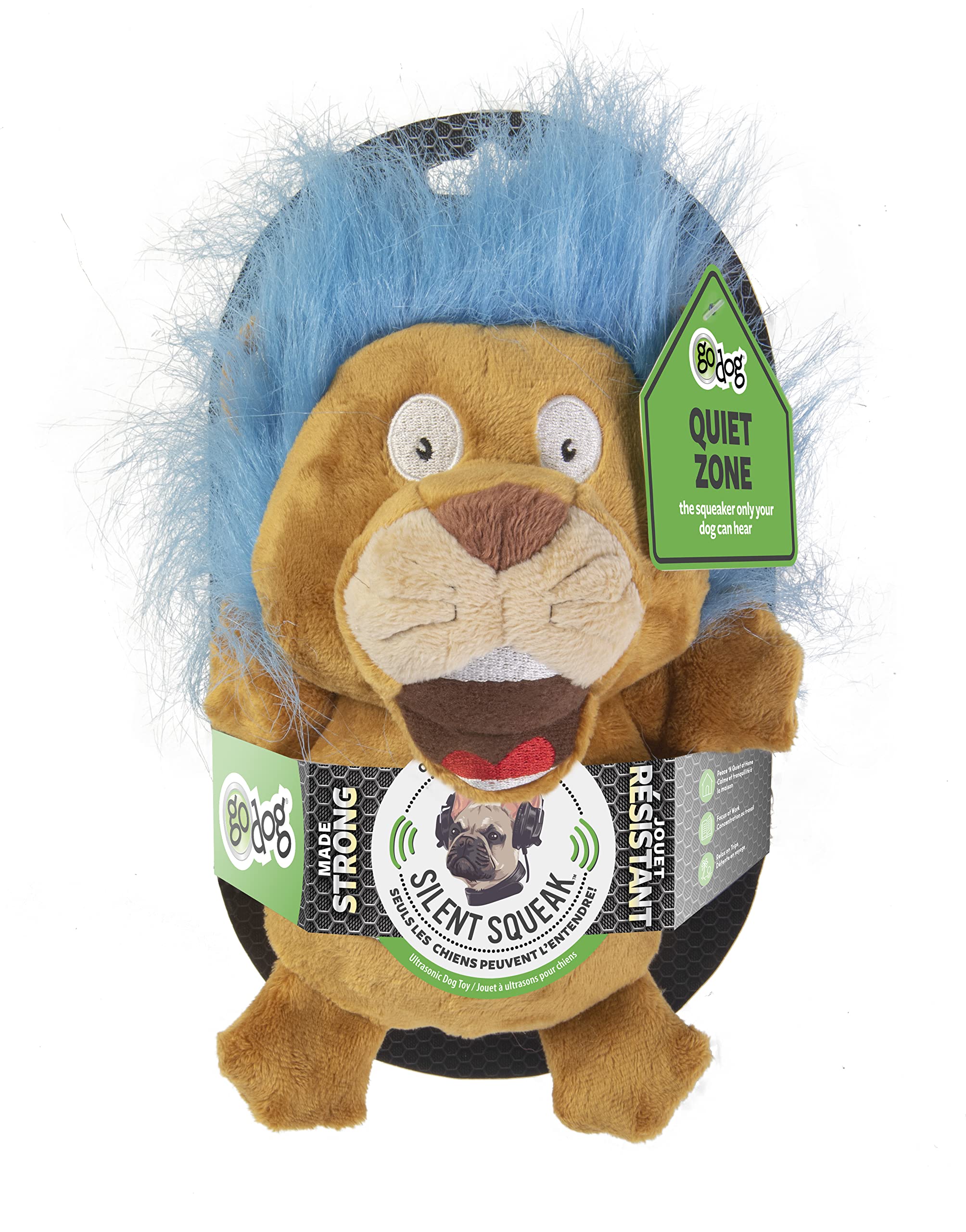 Godog Crazy Hairs Lion Silent Squeak Plush Dog Toy, Chew Guard Technology - Tan, Large