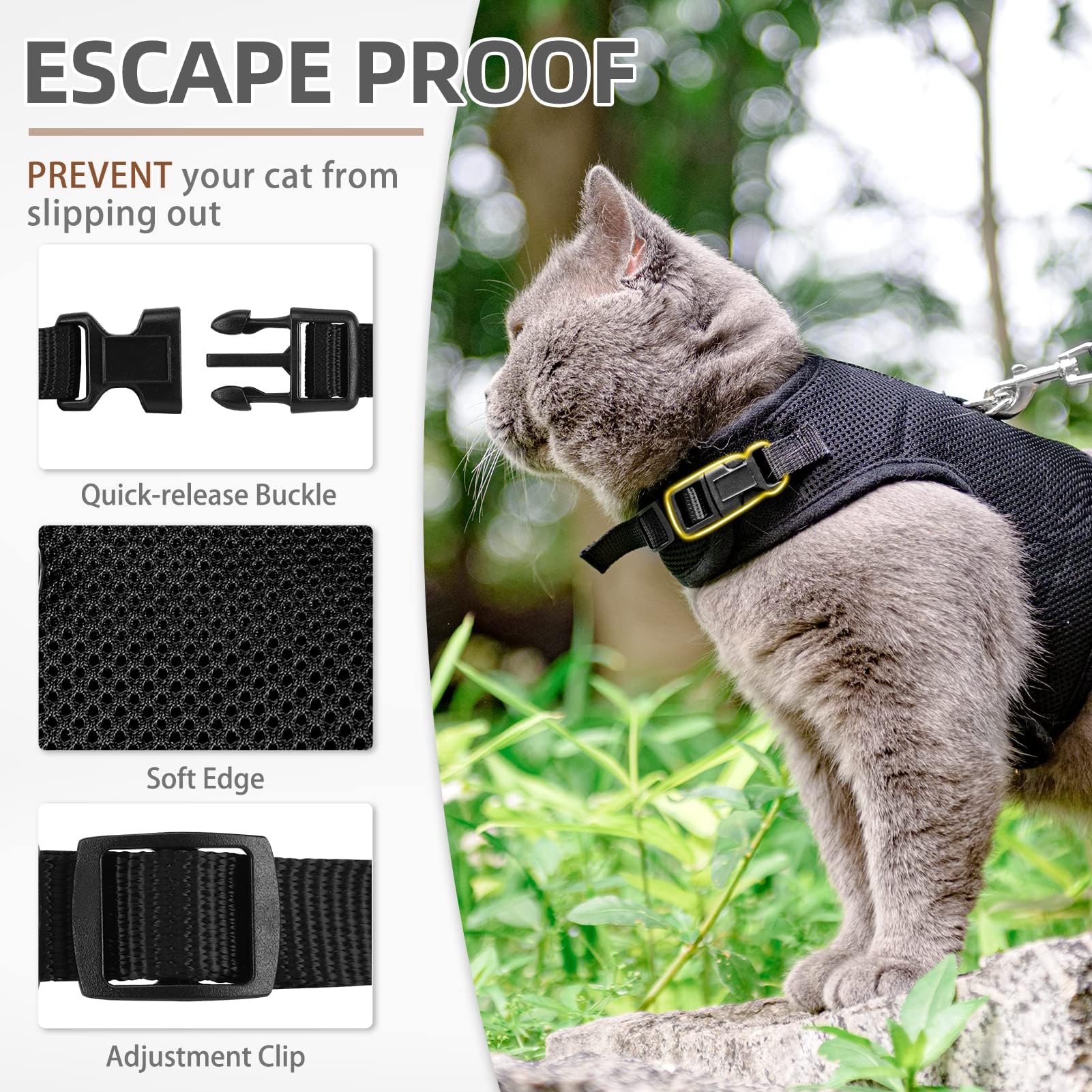 Pupteck Soft Mesh Cat Vest Harness And Leash Set Puppy Padded Pet Harnesses Escape Proof For Cats Small Dogs Rabbits Bunny(Small, Black)