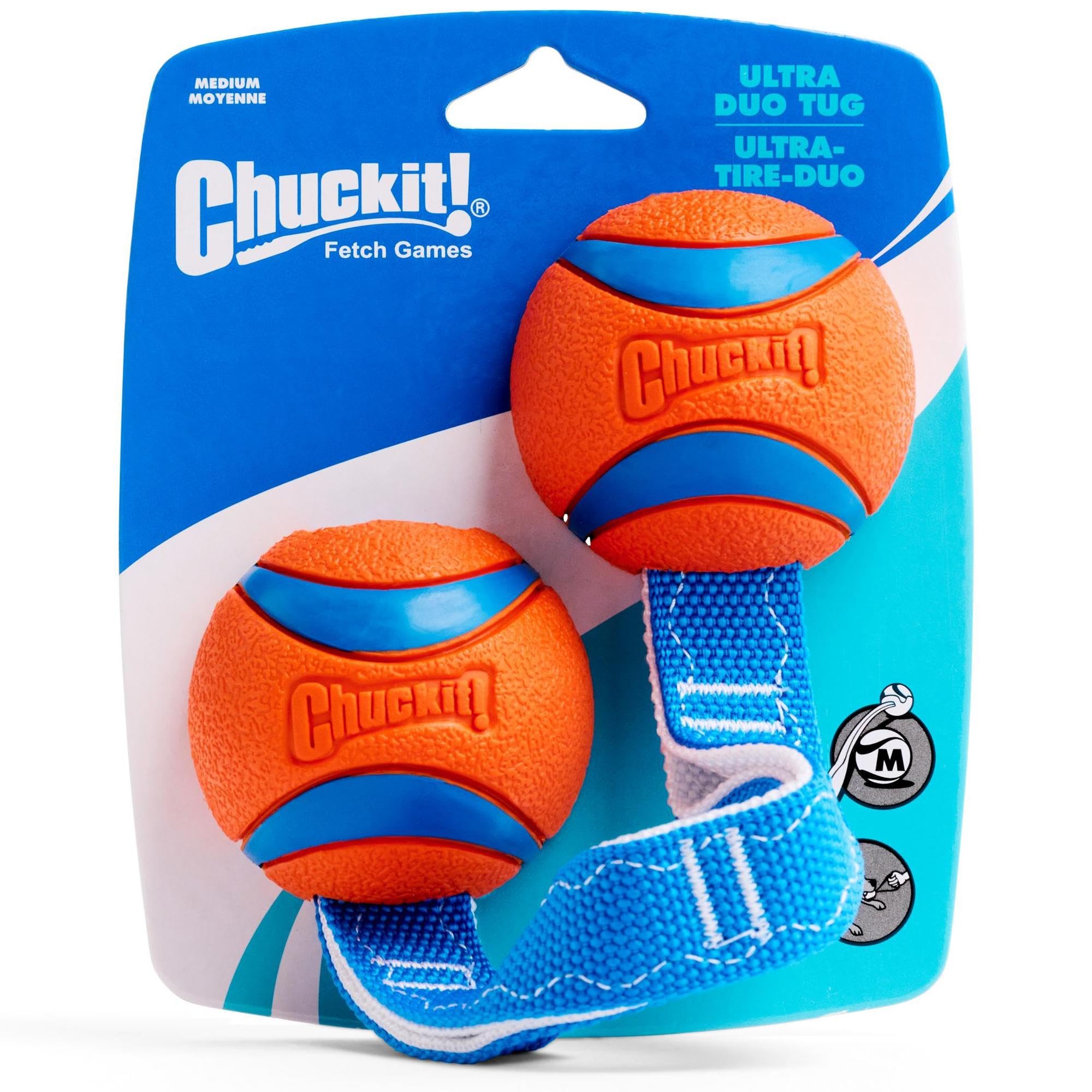 Chuckit! Ultra Duo Tug Dog Toy - Two Ultra Balls On A Durable Nylon Cord Handle - Fetch And Tug-Of-War Toy For Dogs - Size Medium - For Breeds 20-60 Lbs - 2.5-Inch Diameter - Orange And Blue