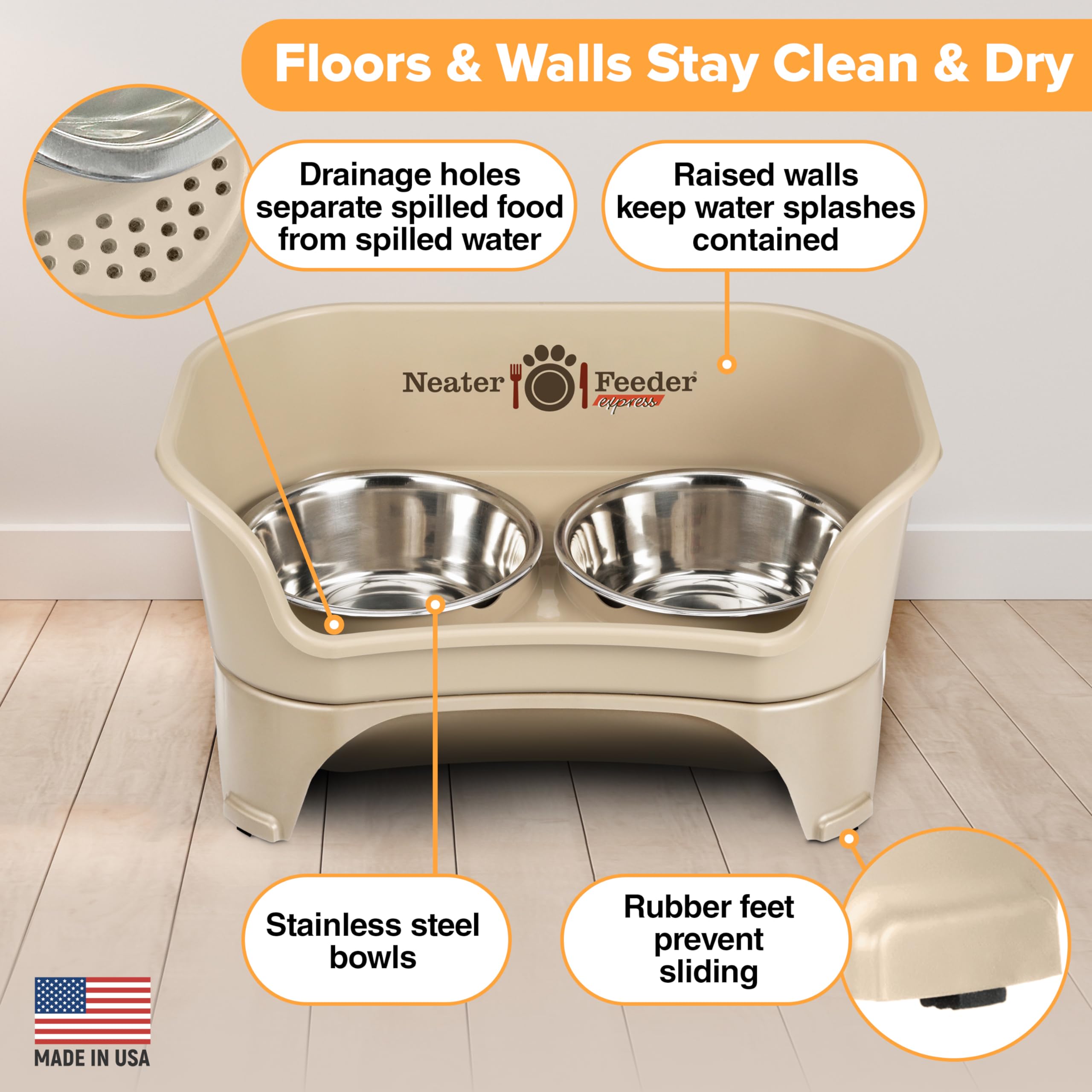 Neater Feeder - Express Model - Mess-Proof Dog Bowls (Medium/Large, Almond) - Made In Usa - Elevated, No Spill, Non-Tip, Non-Sli