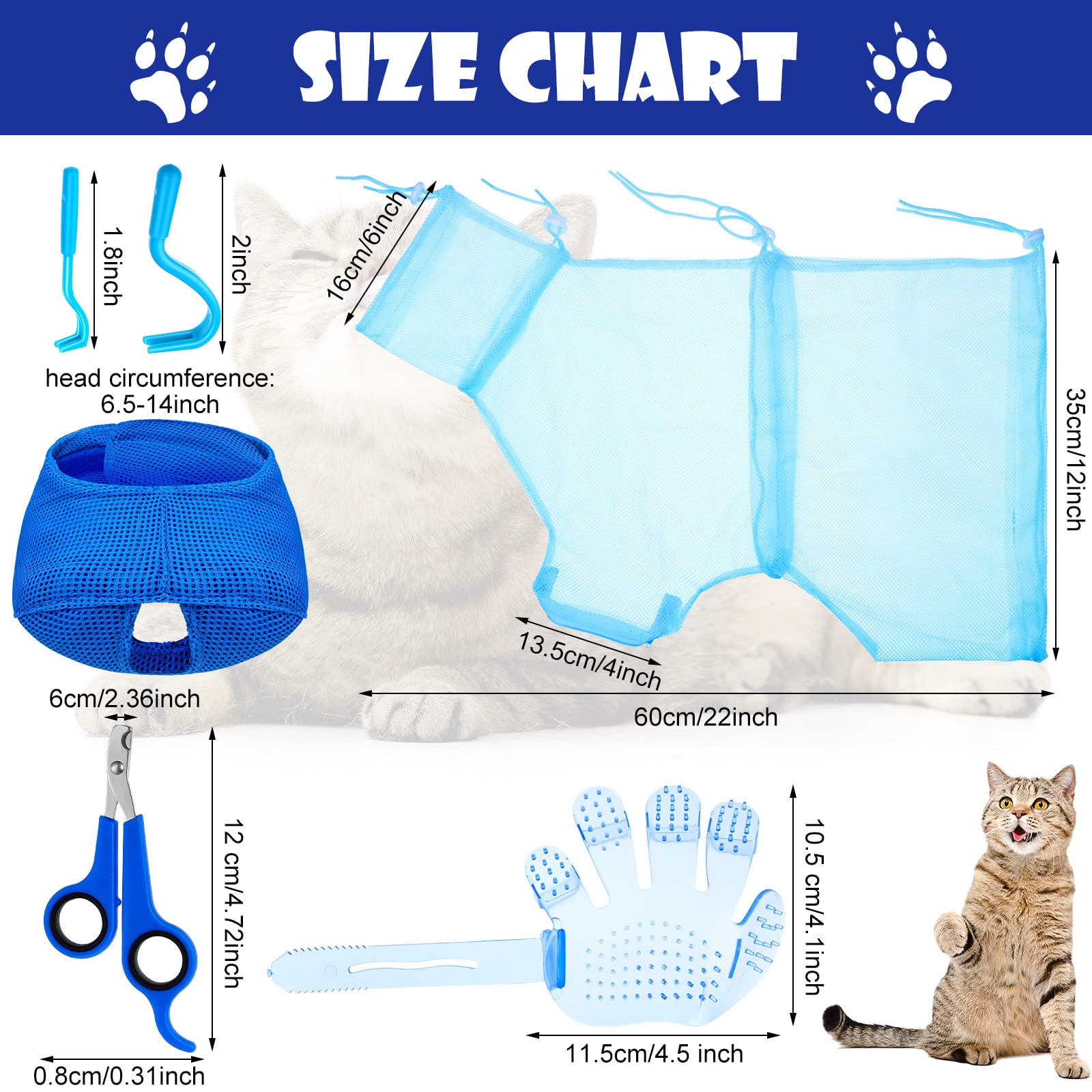 5 Pieces Cat Bathing Bag Set Cat Grooming Bag Adjustable Pet Shower Net Bag Cat Muzzles Anti-Bite Anti-Scratch Nail Clipper Tick Remover Tool Massage Brush For Pet Bathing Cleaning Trimming (Blue)