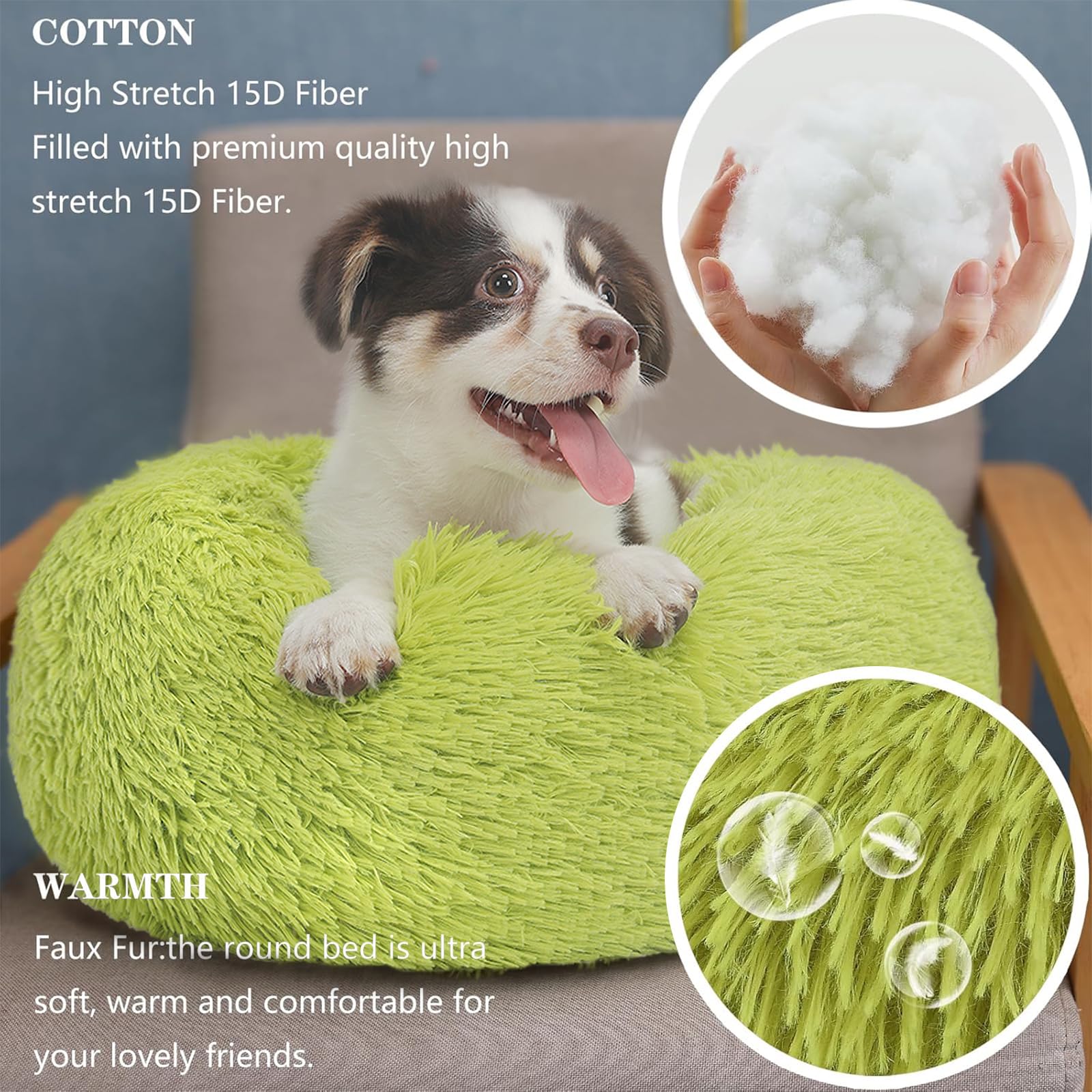 Nononfish Small Dog Bed Calming Dogs Bed For Small Dogs Anti-Anxiety Puppy Bed Machine Washable Fluffy Luxury Anti-Slip Waterproof Mute Base Warming Cozy Soft Pet Round Bed, Grass Green