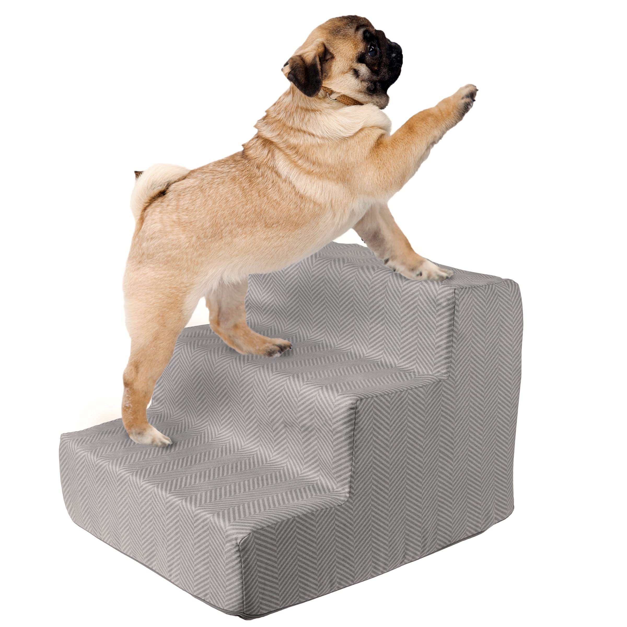 3-Step Pet Stairs - Nonslip Foam Dog and Cat Steps with Removable Zippered Microfiber Cover - 2-Tone Design for Home or Vehicle 