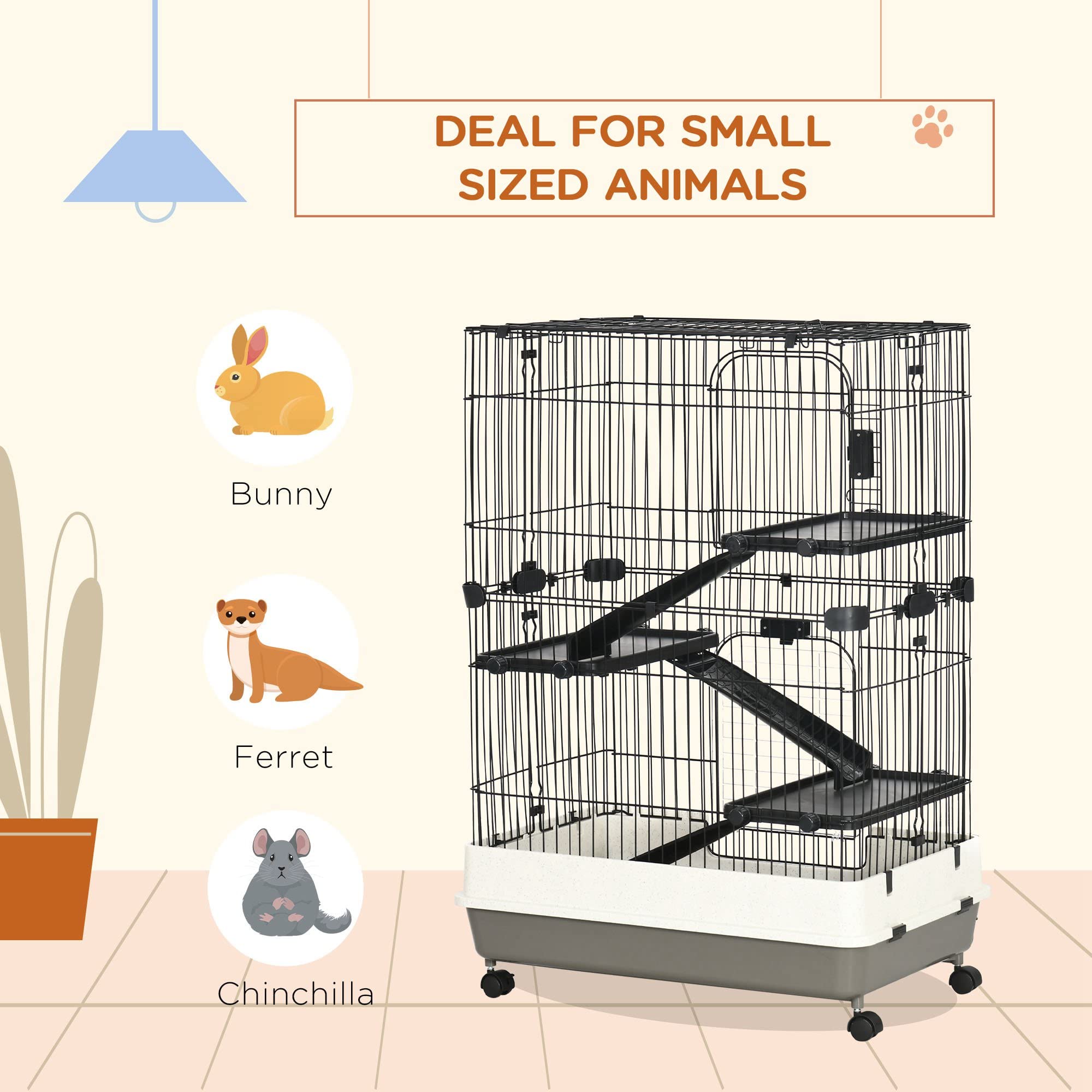 Pawhut 4-Level Small Animal Cage Rabbit Hutch With Wheels, Removable Tray, Platform And Ramp For Bunny, Chinchillas, Ferret, Black