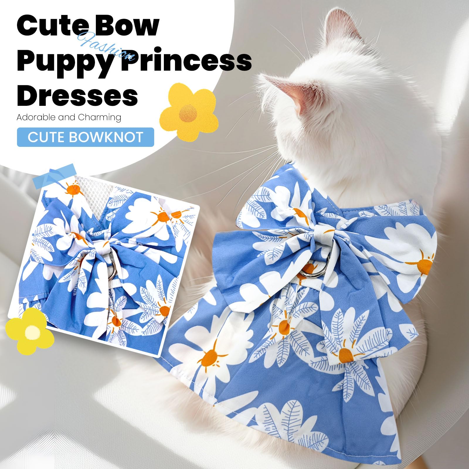 Abrrlo Cute Dog Dress Small Dog Clothes For Girls Female Puppy Outfits Blue Daisy Pet Summer Clothes Bowknot Doggy Cat Princess