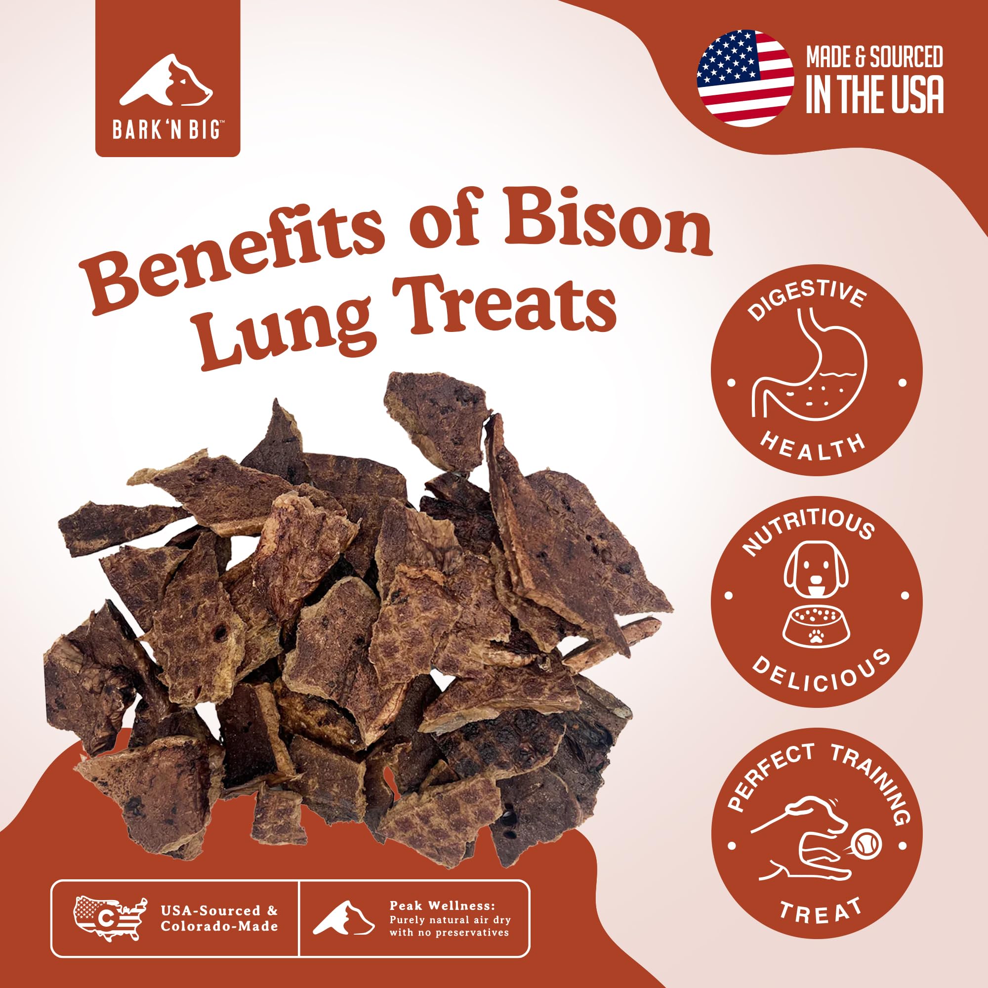 BARKN BIG Bison Dog Treats - Single Ingredient Lung Dog Treats - Made & Sourced in USA - Dehydrated Bison, High Protein, Low Fa