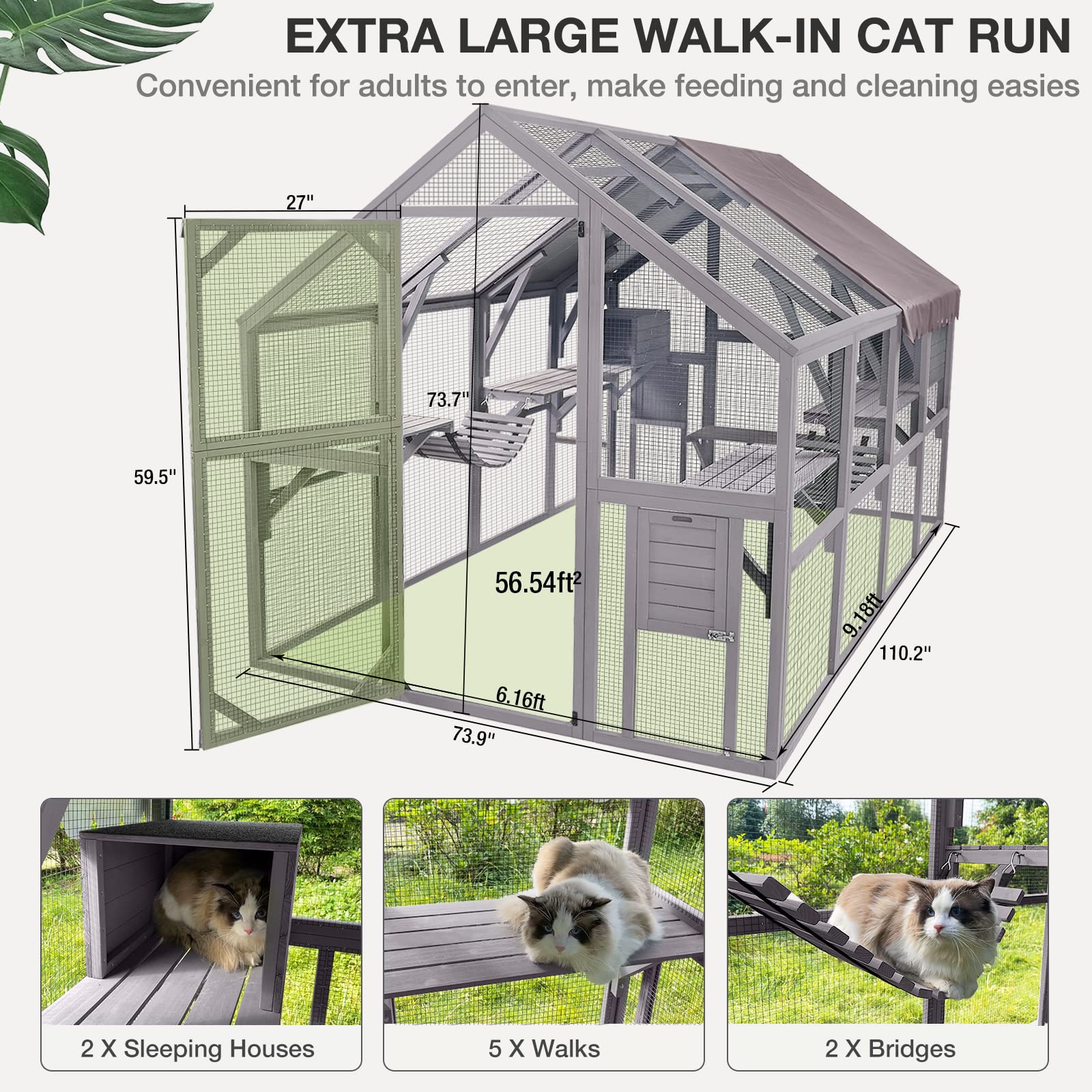 Medehoo Large Catio Outdoor Cat Enclosures Wooden Cat House With Sleeping Houses, Bridges, Walks, Uv Proof Cover 74'' H 110'' L