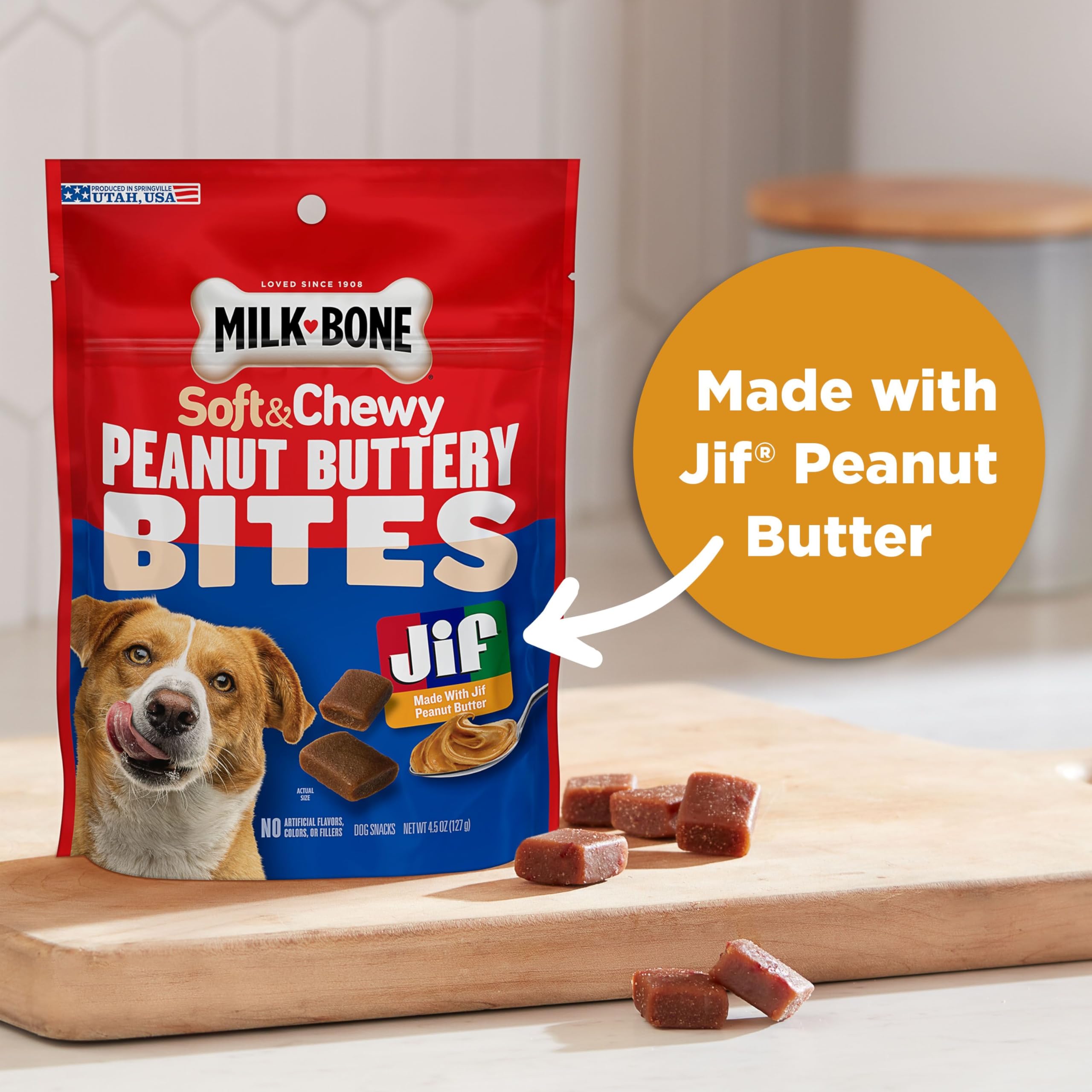 Milk-Bone Peanut Buttery Bites Soft Dog Treats with Jif Peanut Butter, 4.5-Oz. Bag