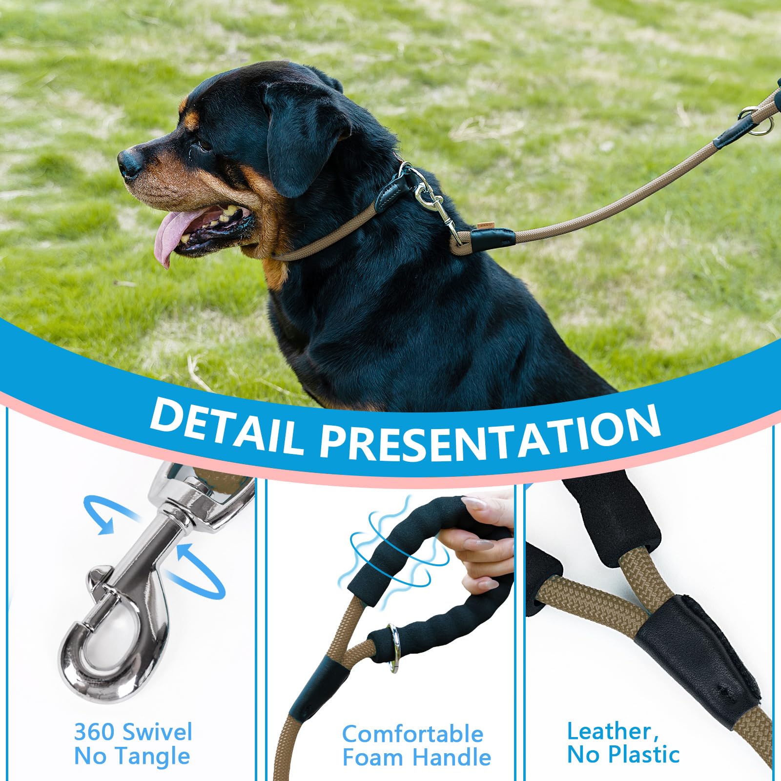 Aiminto Dog Leash, Braided Rope Traction - Walking Training Lead for Medium/Large Dogs ((1/2 '') x 6FT, Khaki)