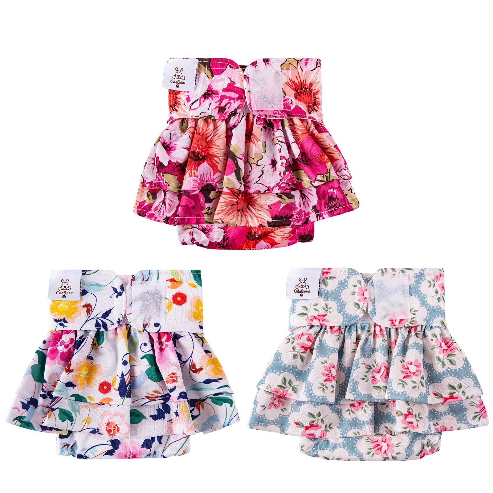 Cutebone Female Dog Diapers With Skirts 3 Pack Reusable Puppy Dresses Pants For Heat Cycle Period Qbd03S