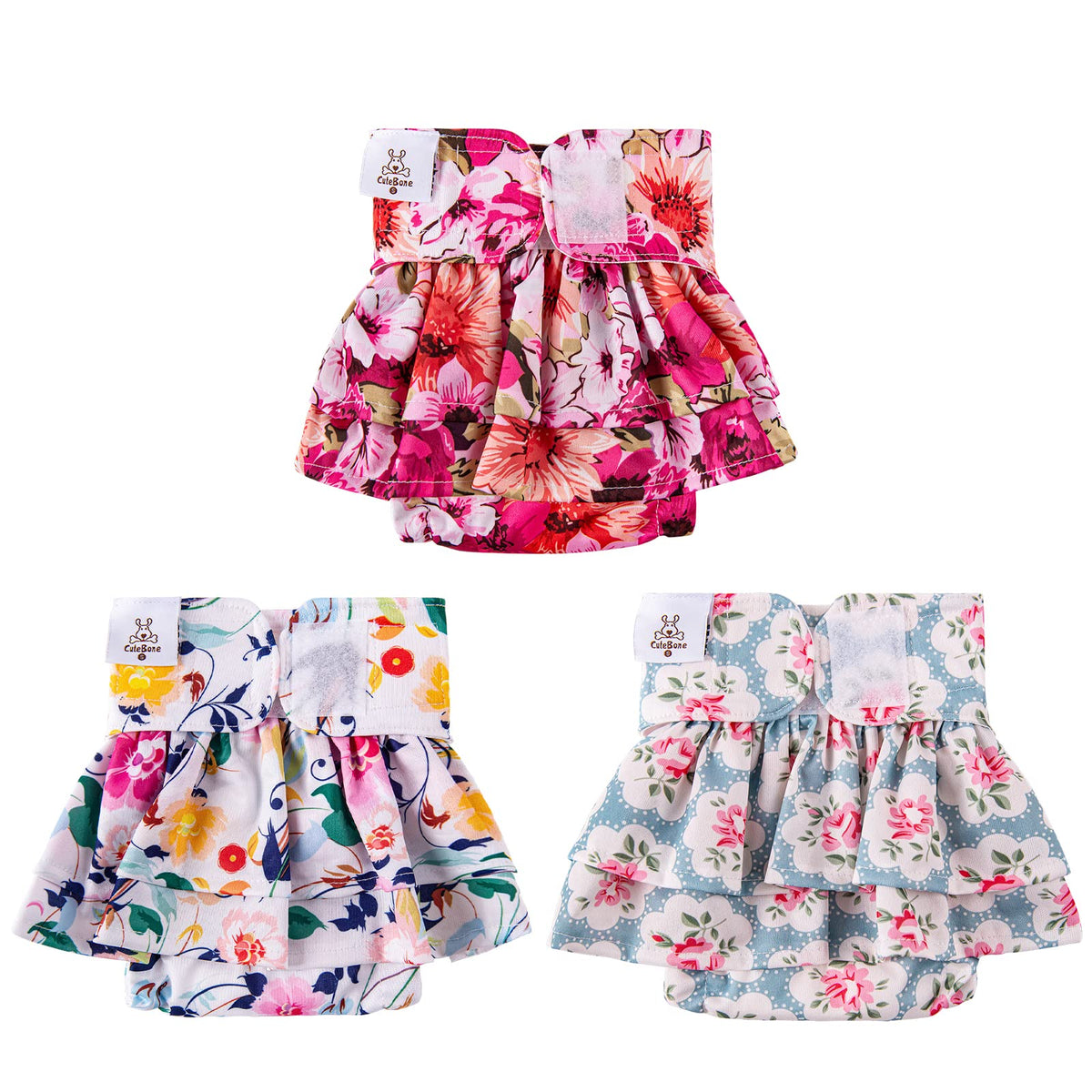 Cutebone Female Dog Diapers With Skirts 3 Pack Reusable Puppy Dresses Pants For Heat Cycle Period Qbd03Xs
