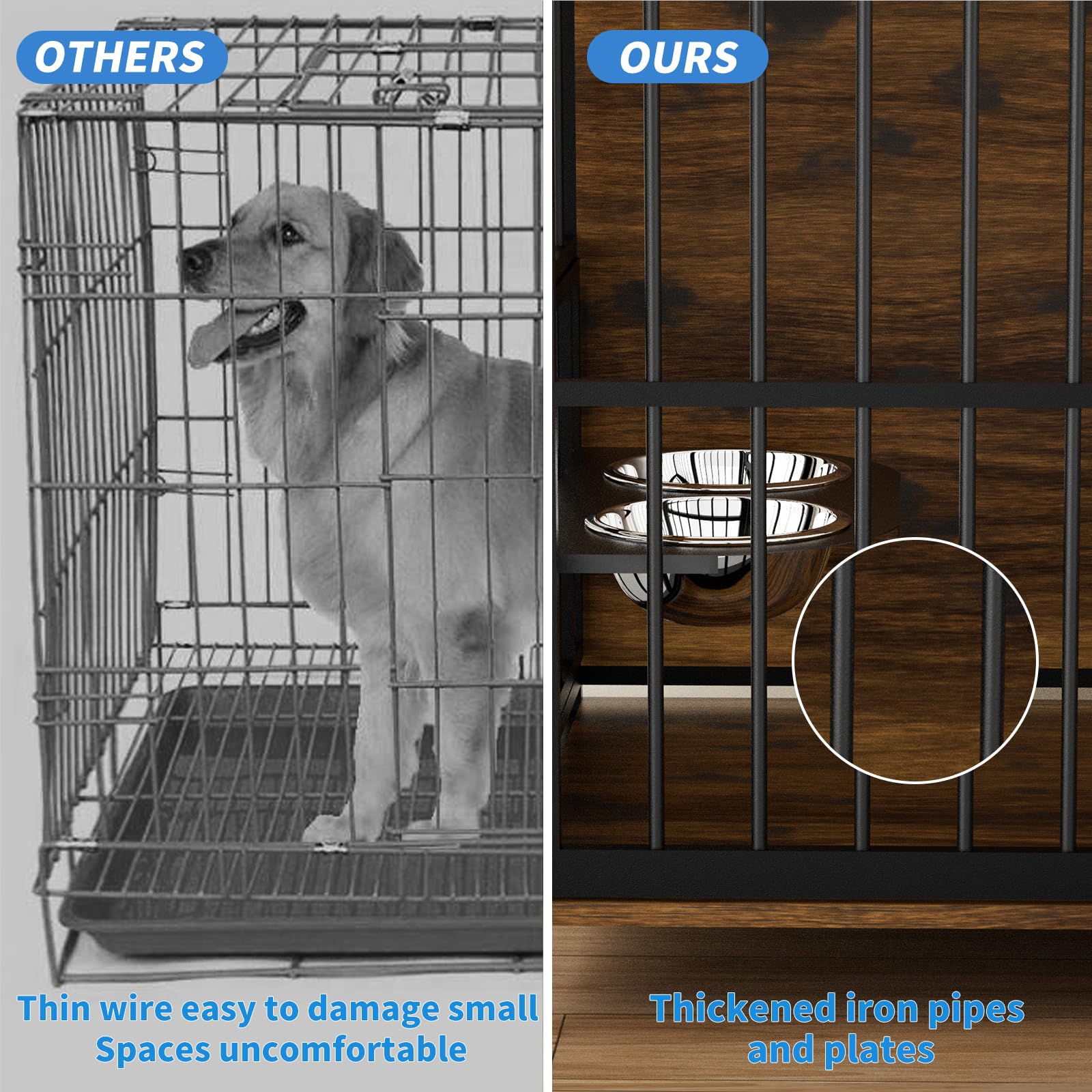 LOVMOR Dog Cage Furniture with Rotating Feeder Bowls, Dog Kennel Indoor with Cushion, Dog Crates for Large Dogs, 48 L X 30 W 43