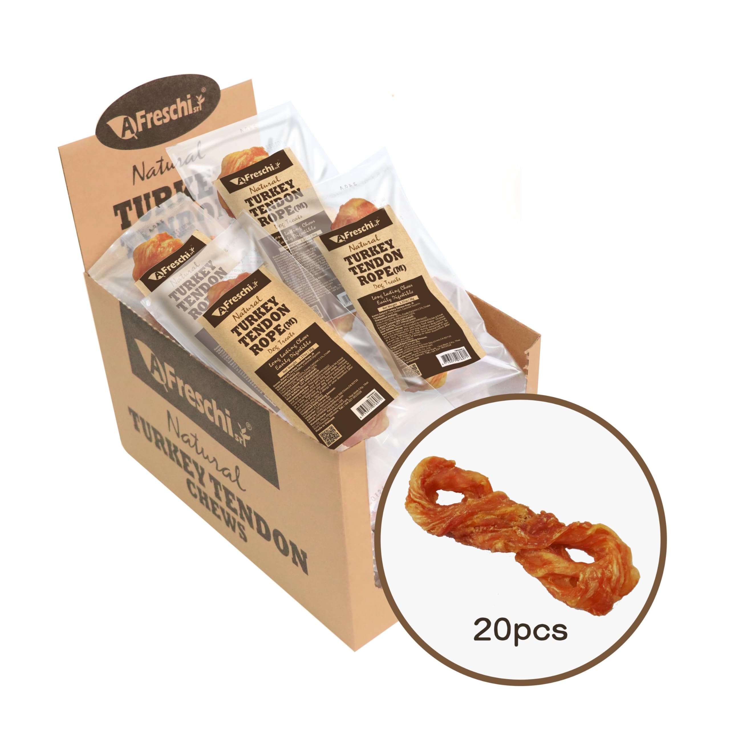 Afreschi Natural Turkey Tendon Rope (M) 20 Units/Box, Dog Treats for Signature Series, All Natural Human Grade Puppy Chew, USA-S