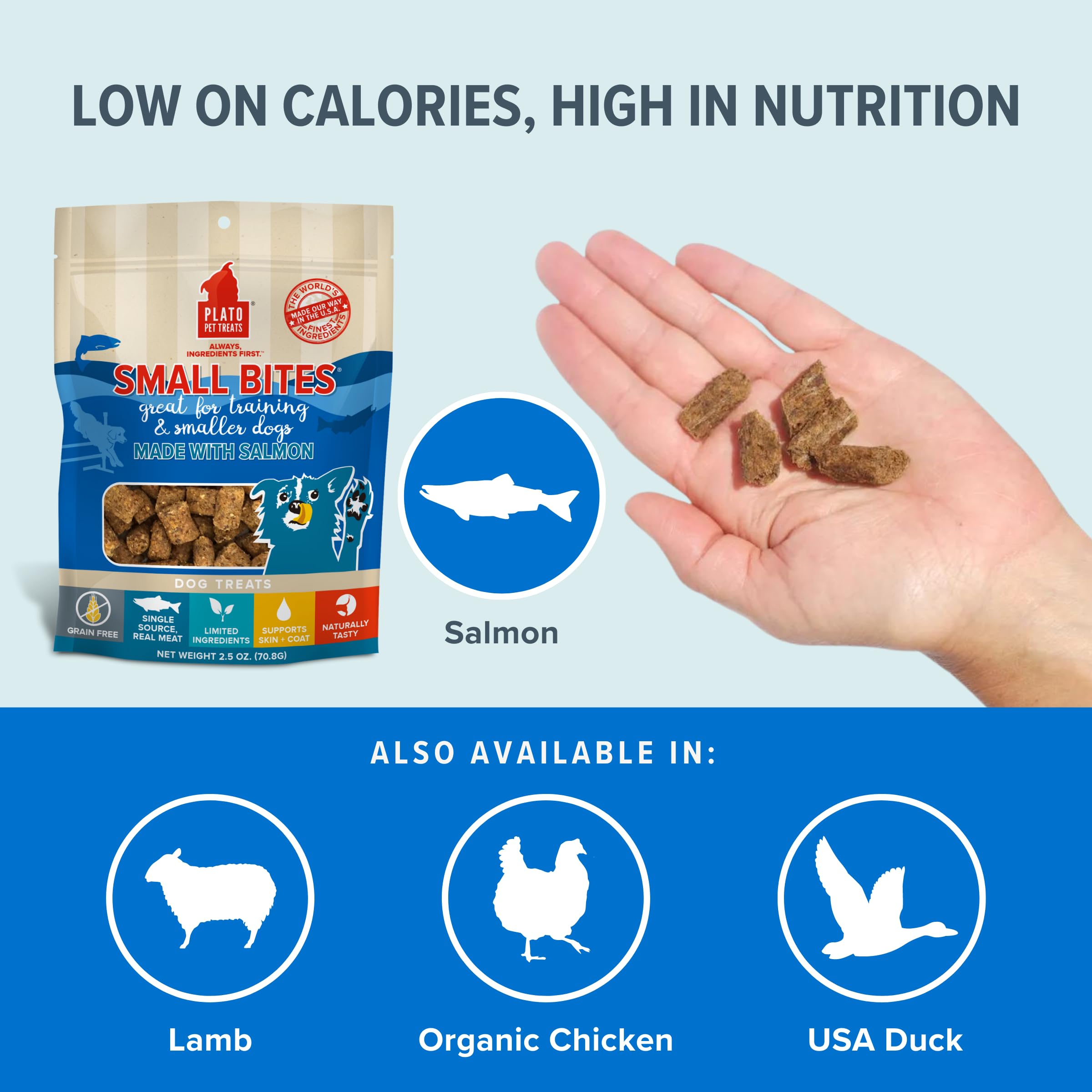 PLATO Small Bites Natural Training Dog Treats - Real Meat - Grain Free - Made in the USA - Salmon Flavor, 2.5 ounces