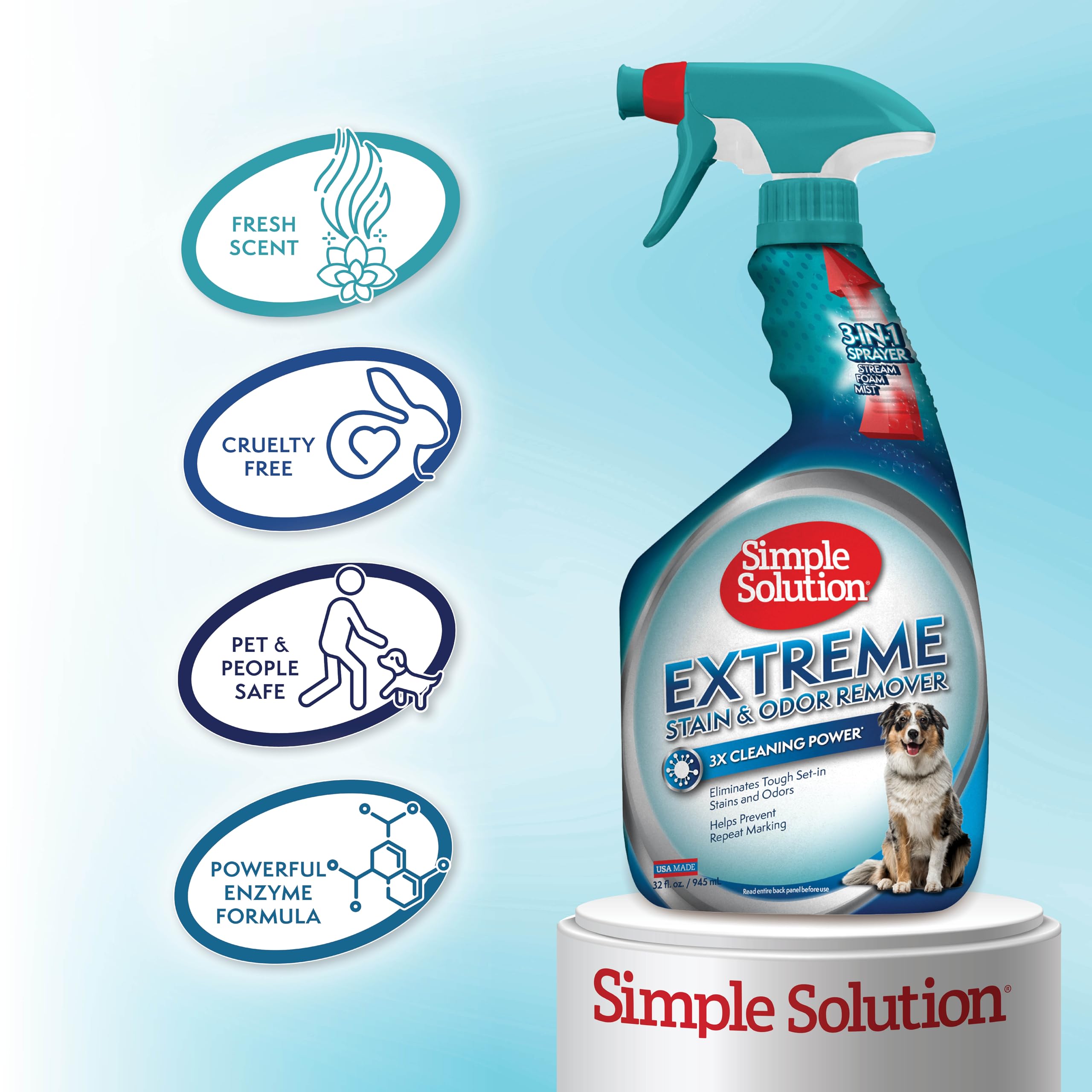 Simple Solution Extreme Pet Stain And Odor Eliminator Spray, Pee Stain Remover, Enzyme Cleaner, 3X Pro-Bacteria Cleaning Power,
