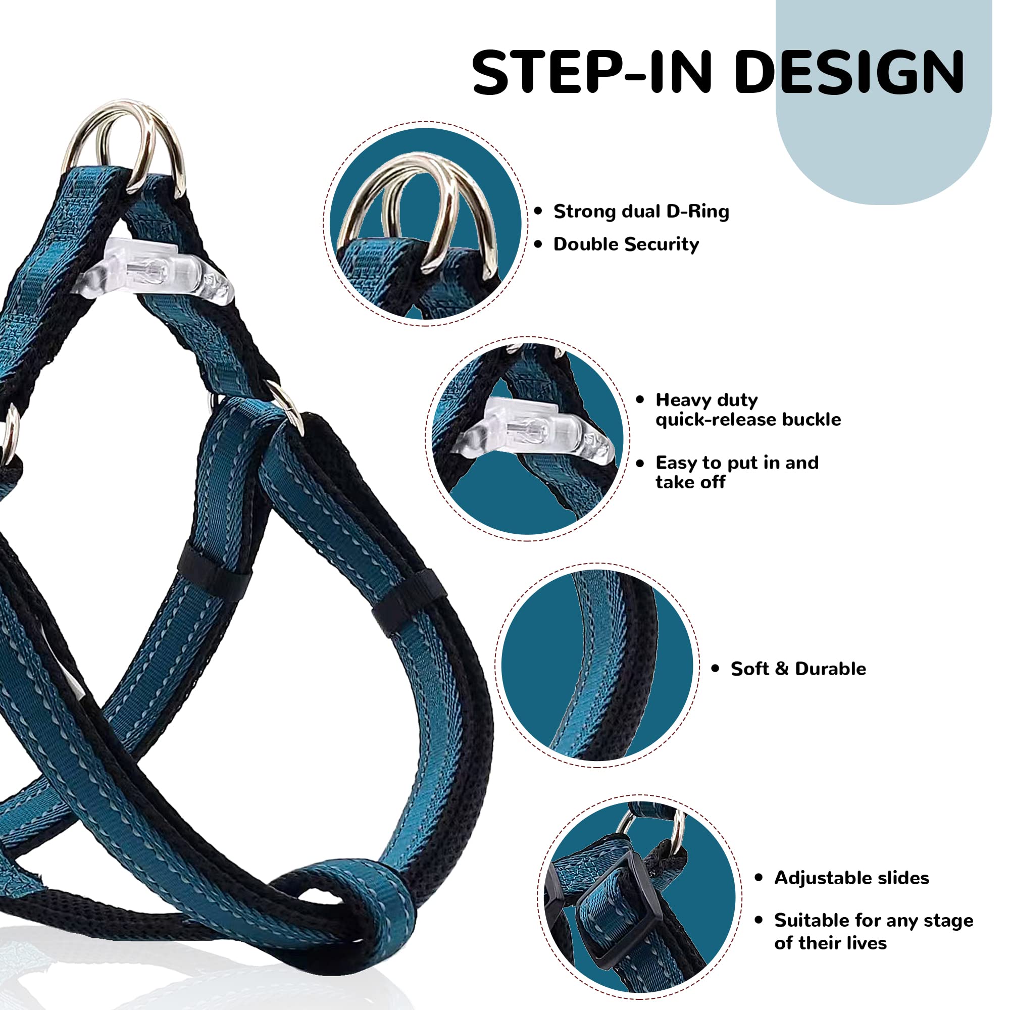 Reflective Dog Harness, Collar & Leash Set - No Pull Harness With Quick Release Buckle For Small Dogs - Double D - Ring Step - I