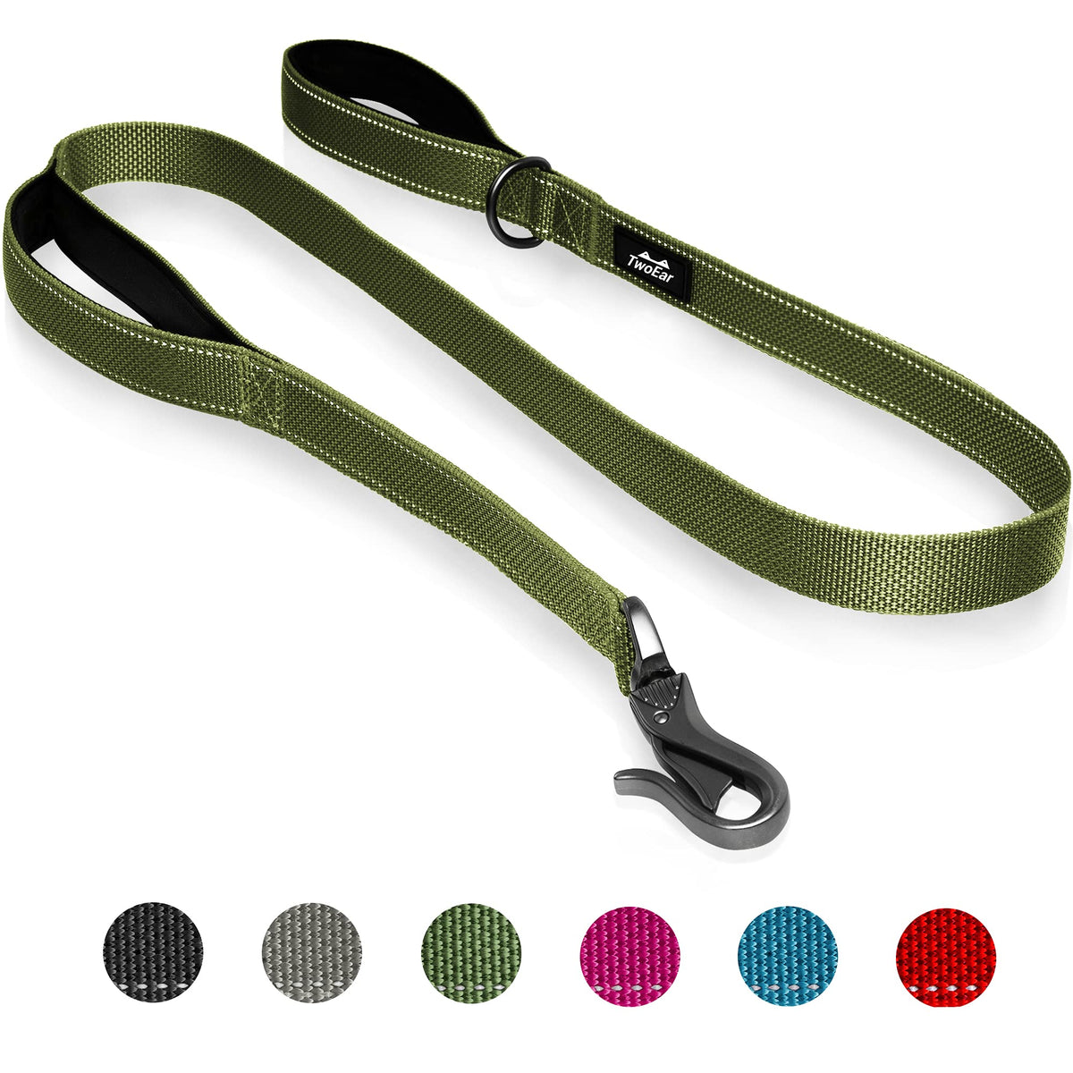 Twoear 6Ft 1In Strong Green Dog Leash With 2 Padded Handles, Traffic Handle Extra Control, Comfortable Soft Dual Handle, Auto Lock Hook, Reflective Walking Lead For Small Medium And Large Dogs