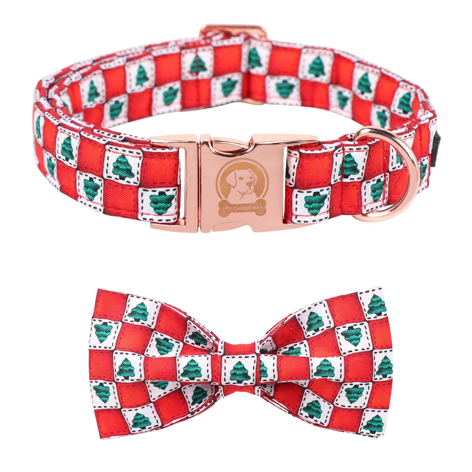 Mr. Chubbyface Christmas Squaretree Dog Collar With Bowtie, Cotton Boy Girl Dog Collars With Metal Buckle Cute Christmas Collars