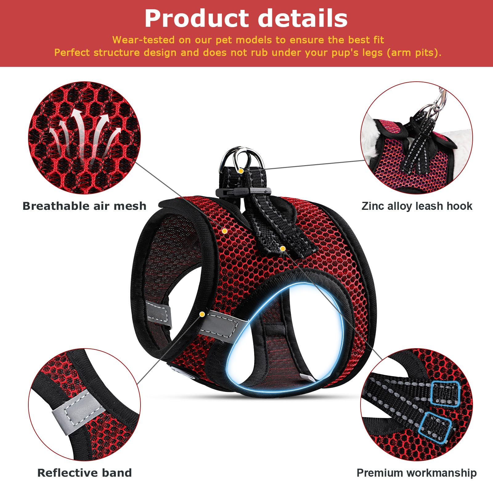 No Pull Small Dog Harness For Under 22 Lbs Dogs, Step In Air Mesh Puppy Reflective Lightweight Dogs Cats Vest (Red, Xxxs