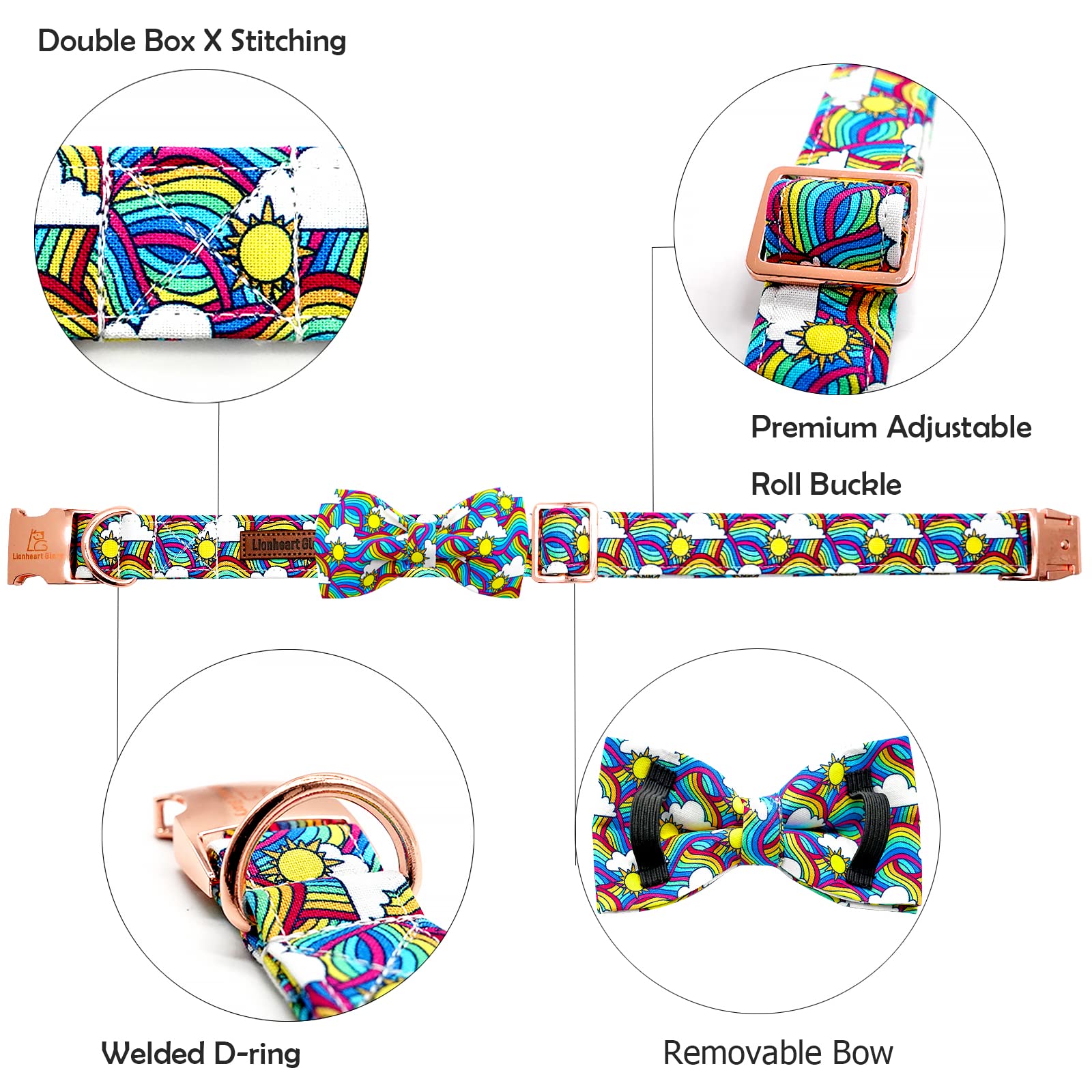 Lionheart Glory Rainbow Dog Collar Colorful Dog Bow Collar Heavy Duty Adjustable Pride Dog Collar With Bowtie For Large Dogs Pet