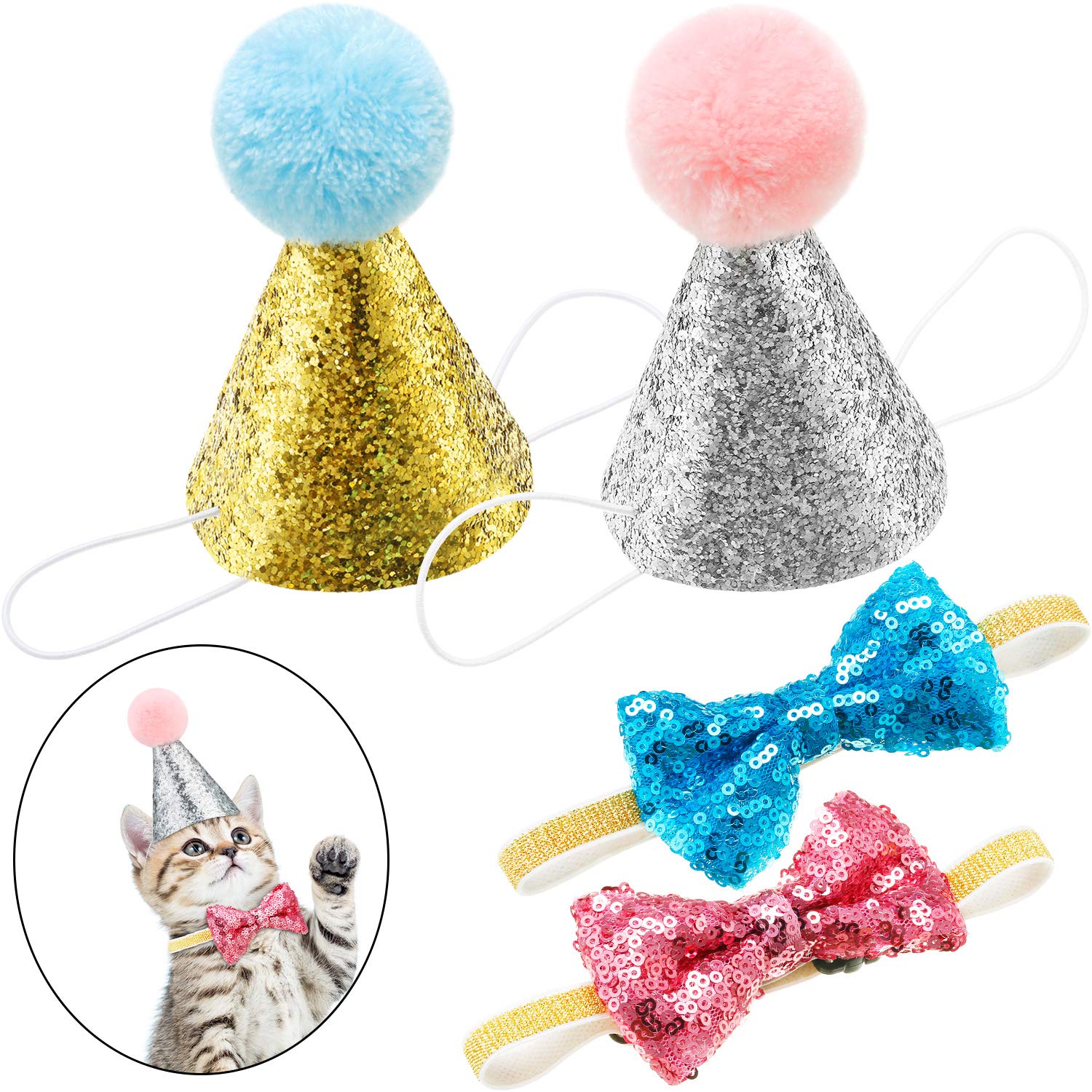 Satinior 4 Pieces Cat Birthday Hat Bowtie Small Dog Hat Headband Topper Bowtie Adjustable Cute Puppy Birthday Costume Accessorie