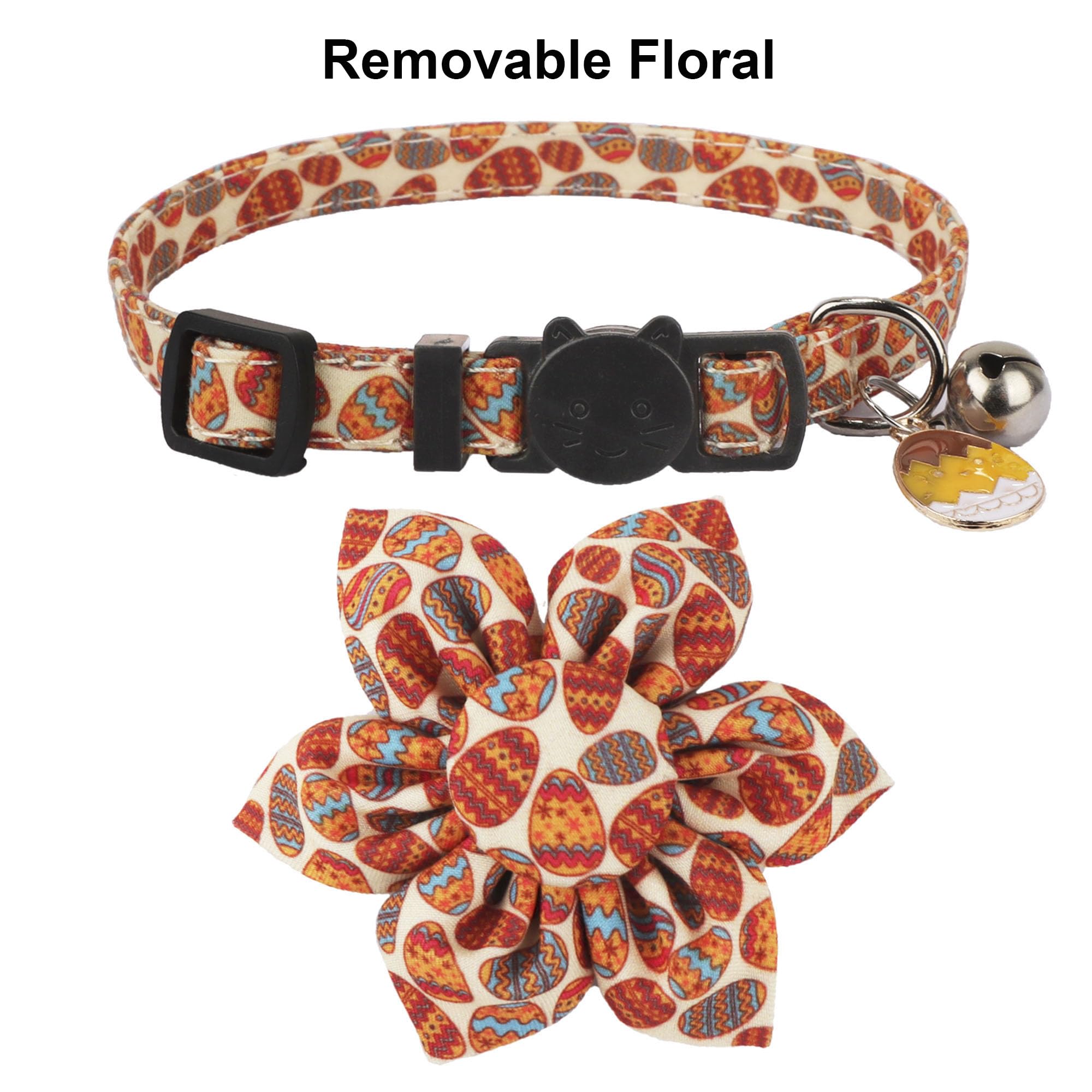 Adoggygo Easter Cat Collars With Removable Flower Bell, Adjustable Rabbit Easter Eggs Pattern Cat Floral Collars For Cats Kitten